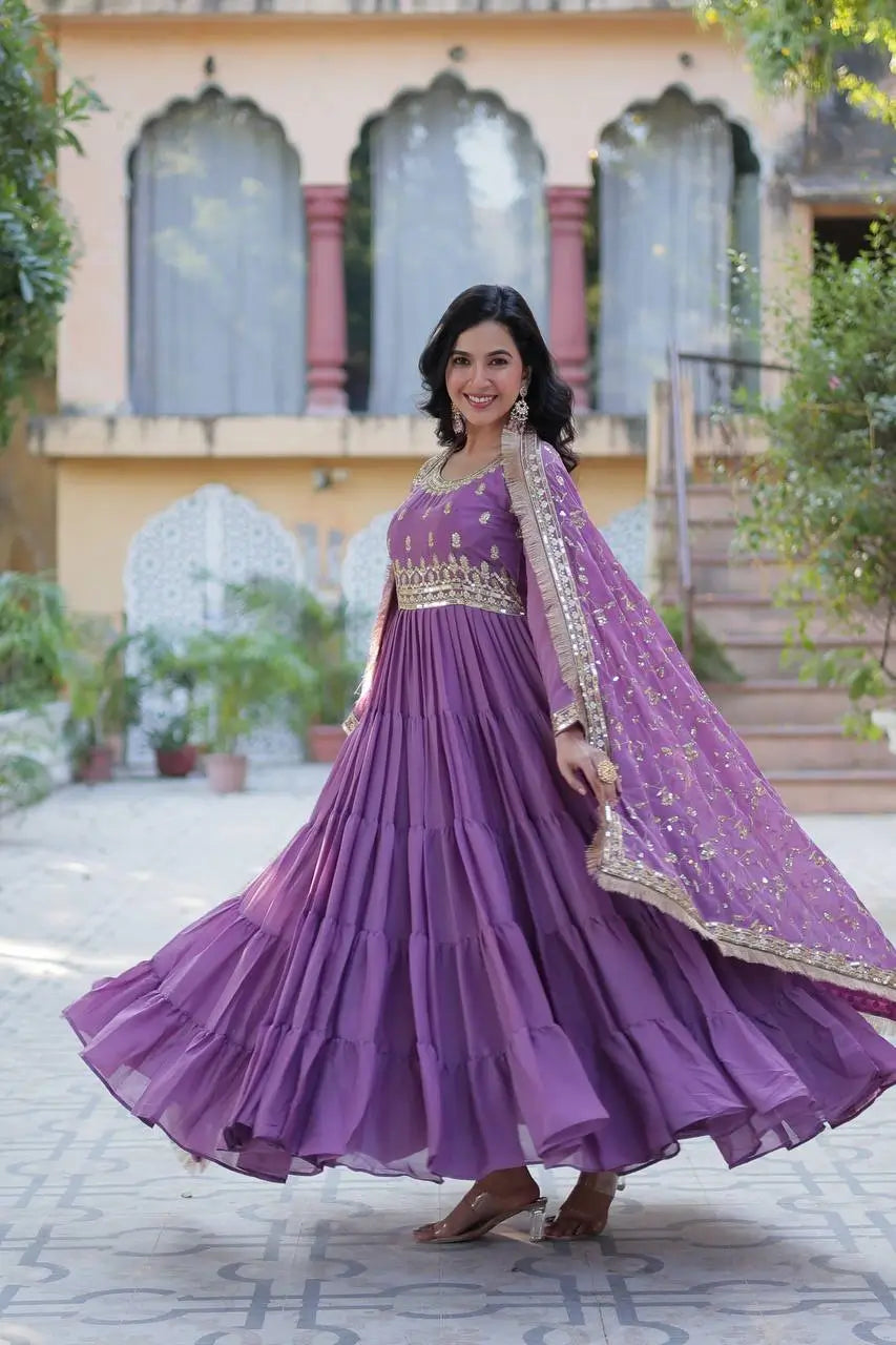 Dark Lavender Georgette Fully Flair Gown With Embroidery Work With Heavy Dupatta - qivii