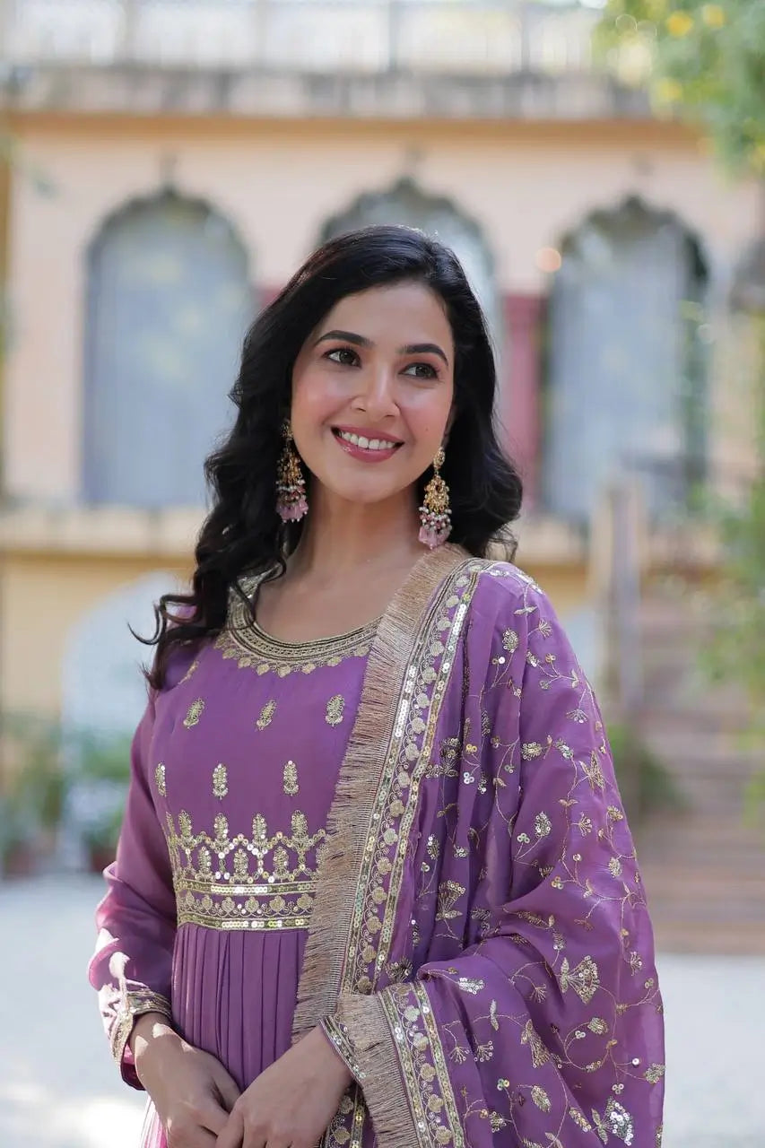 Dark Lavender Georgette Fully Flair Gown With Embroidery Work With Heavy Dupatta - qivii