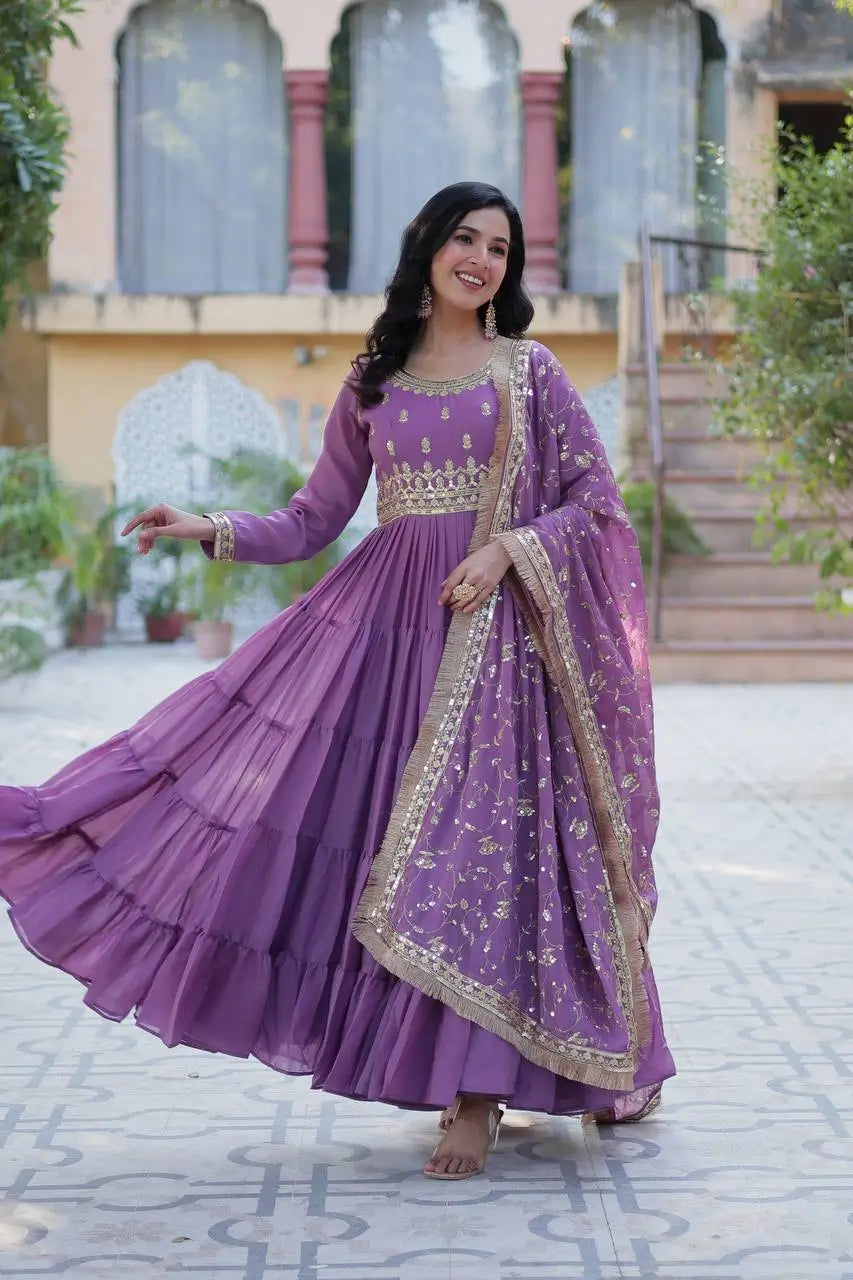 Dark Lavender Georgette Fully Flair Gown With Embroidery Work With Heavy Dupatta - qivii