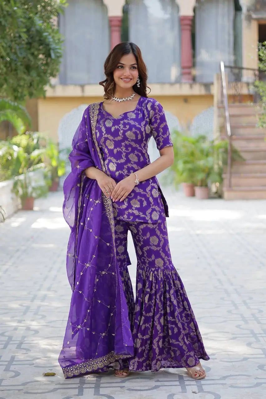 Purple Iris Georgette Jacquard Salwar Suit With Dupatta - qivii