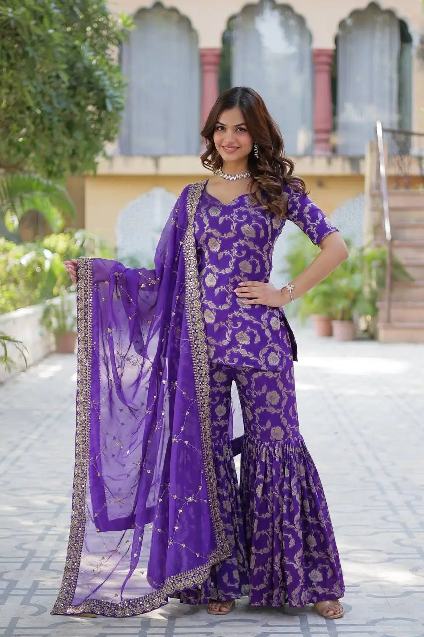 Purple Iris Georgette Jacquard Salwar Suit With Dupatta - qivii