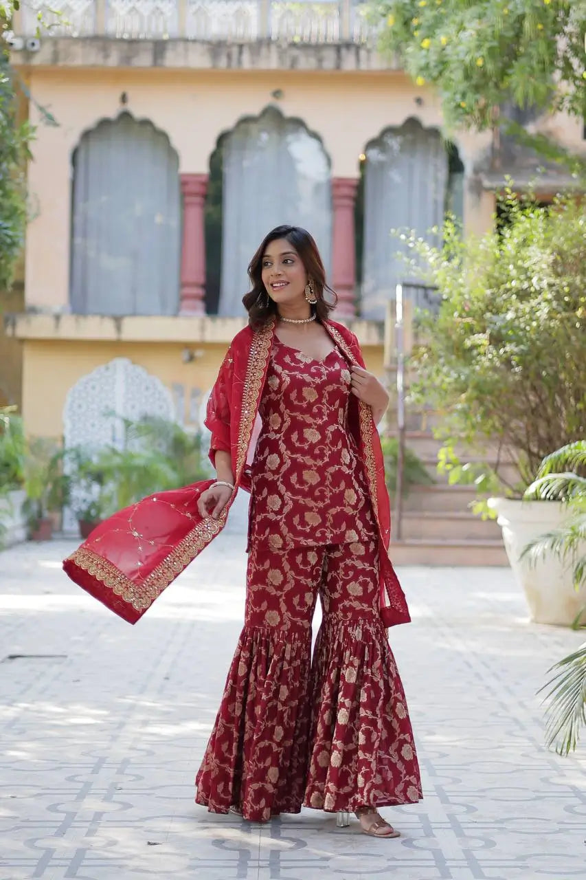 Dark Maroon Georgette Jacquard Salwar Suit With Dupatta - qivii