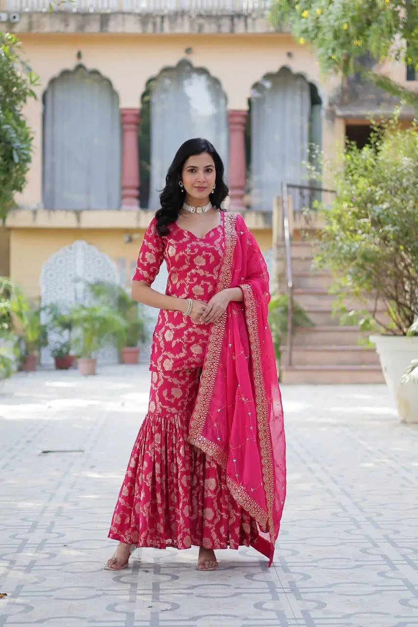 Rani Pink Georgette Jacquard Salwar Suit With Dupatta - qivii