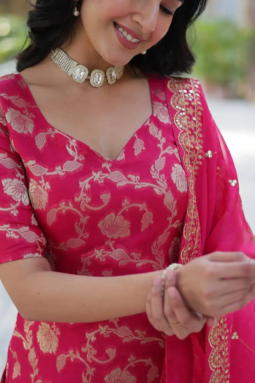 Rani Pink Georgette Jacquard Salwar Suit With Dupatta - qivii