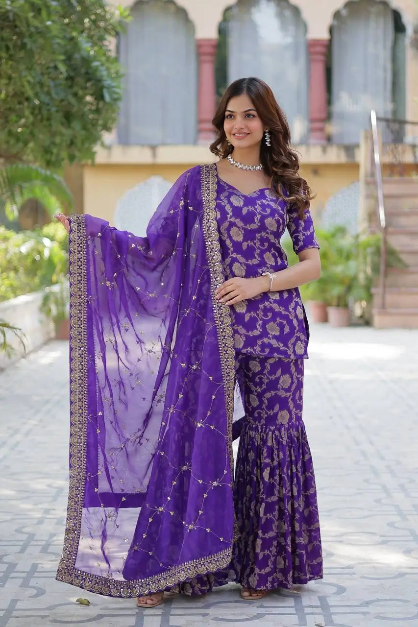 Purple Iris Georgette Jacquard Salwar Suit With Dupatta - qivii