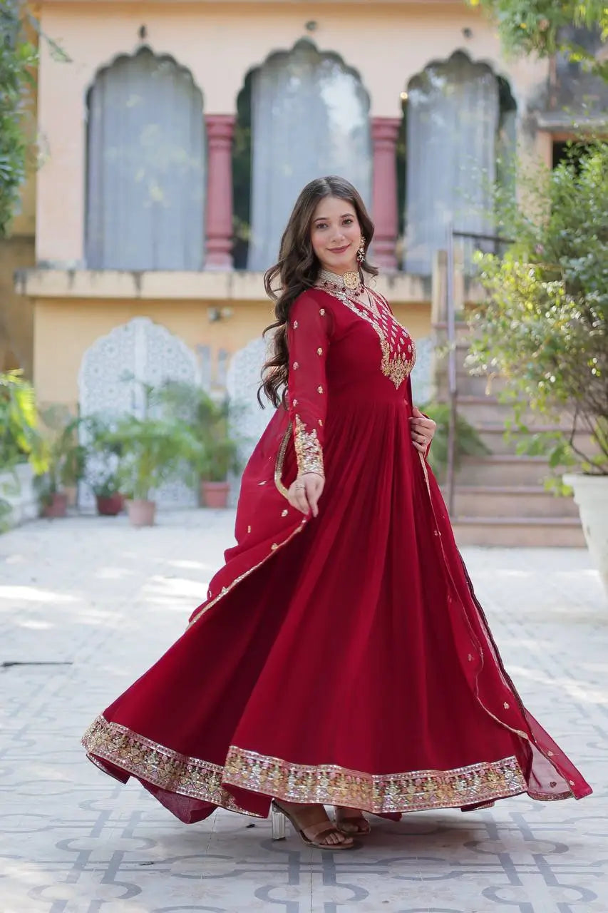 Maroon Georgette Gown With Rich Sequins Embroidered Work With Dupatta - qivii