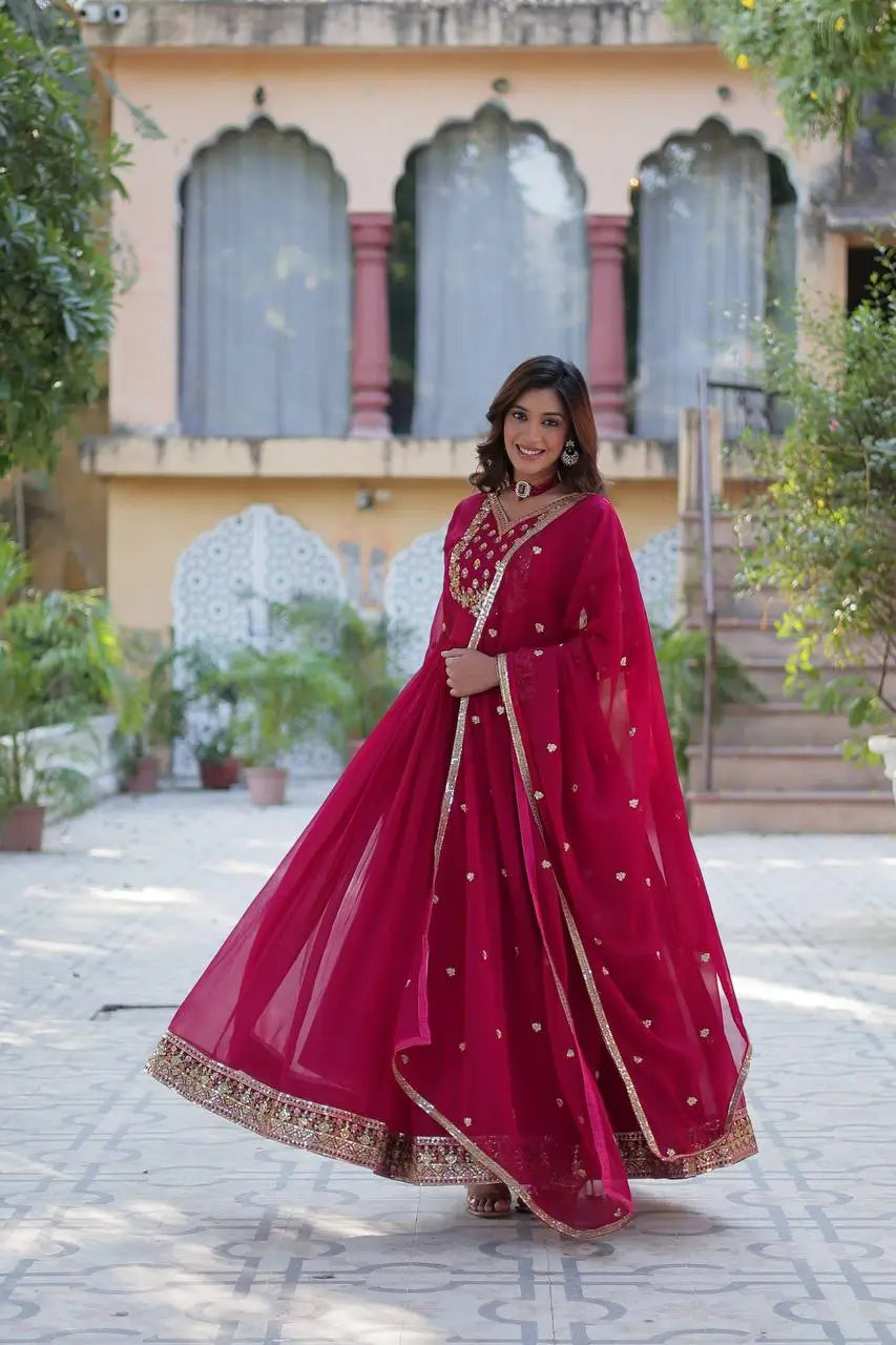 Pink Georgette Gown With Rich Sequins Embroidered Work With Dupatta - qivii
