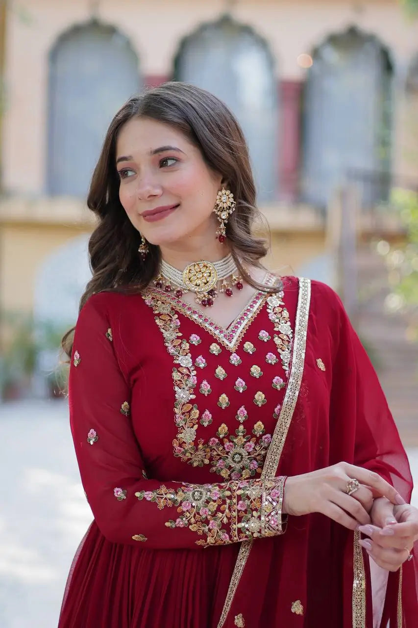 Maroon Georgette Gown With Rich Sequins Embroidered Work With Dupatta