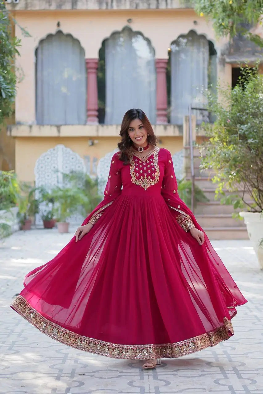 Pink Georgette Gown With Rich Sequins Embroidered Work With Dupatta - qivii