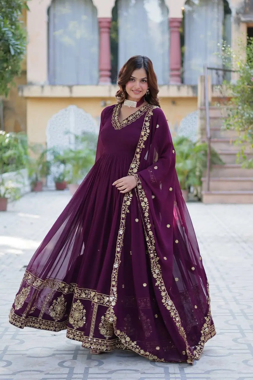 Very Dark Purple Zari Sequins Embroidery Work Georgette Gown With Dupatta - qivii