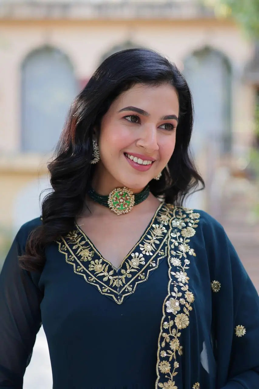 Cyan Blue Zari Thread Sequins Embroidery Work Georgette Gown With Dupatta - qivii