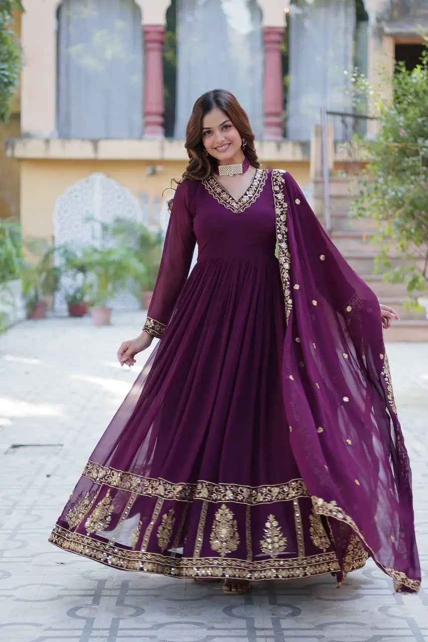 Very Dark Purple Zari Sequins Embroidery Work Georgette Gown With Dupatta - qivii