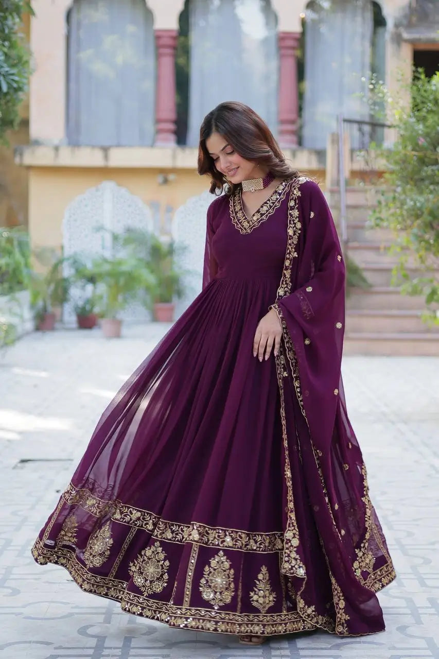 Very Dark Purple Zari Sequins Embroidery Work Georgette Gown With Dupatta - qivii