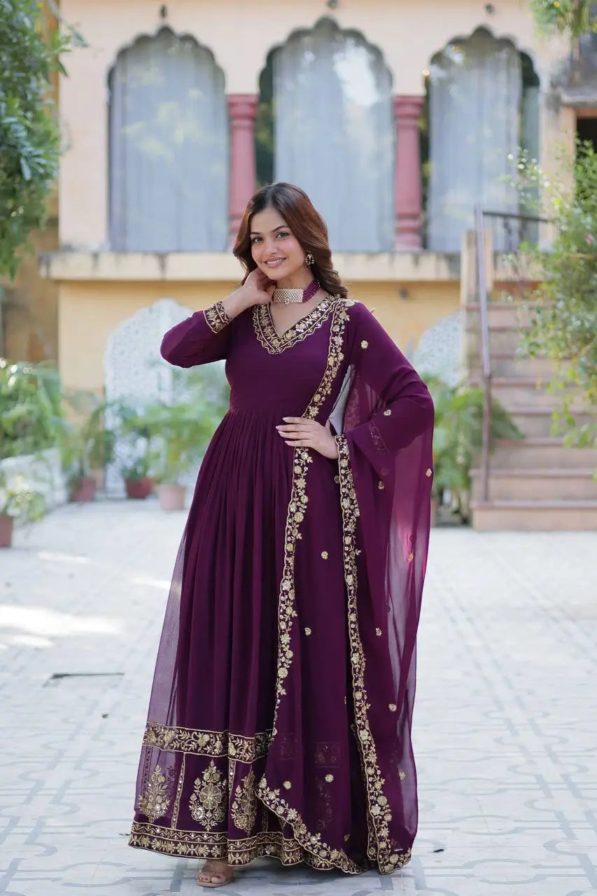 Very Dark Purple Zari Sequins Embroidery Work Georgette Gown With Dupatta - qivii
