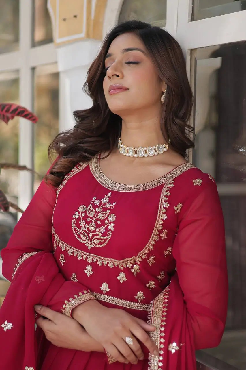 Carmine Red Faux Georgette Gown With Rich Sequins Embroidery Work - qivii