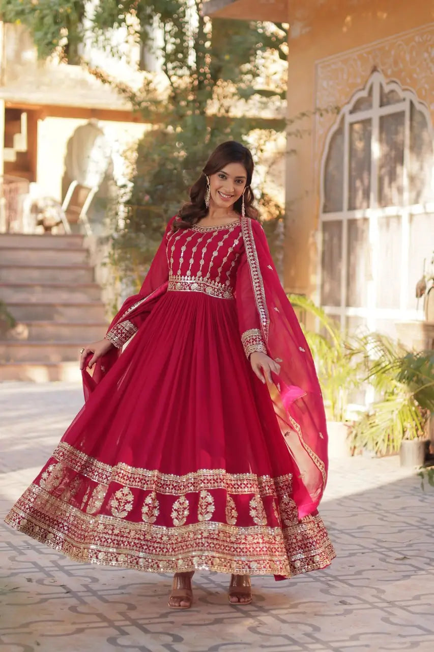 Pinkish Red Zari Sequins Embroidery Work Georgette Gown And Dupatta - qivii