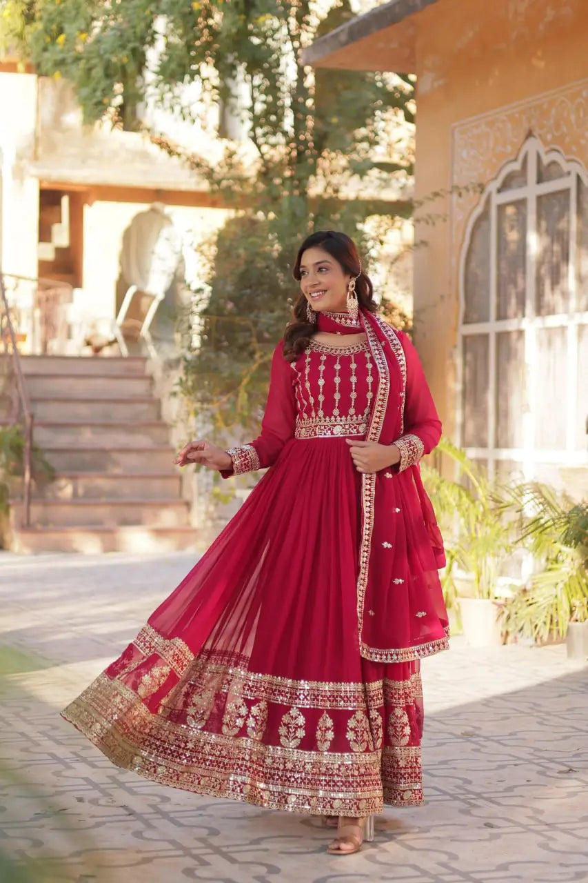 Pinkish Red Zari Sequins Embroidery Work Georgette Gown And Dupatta - qivii