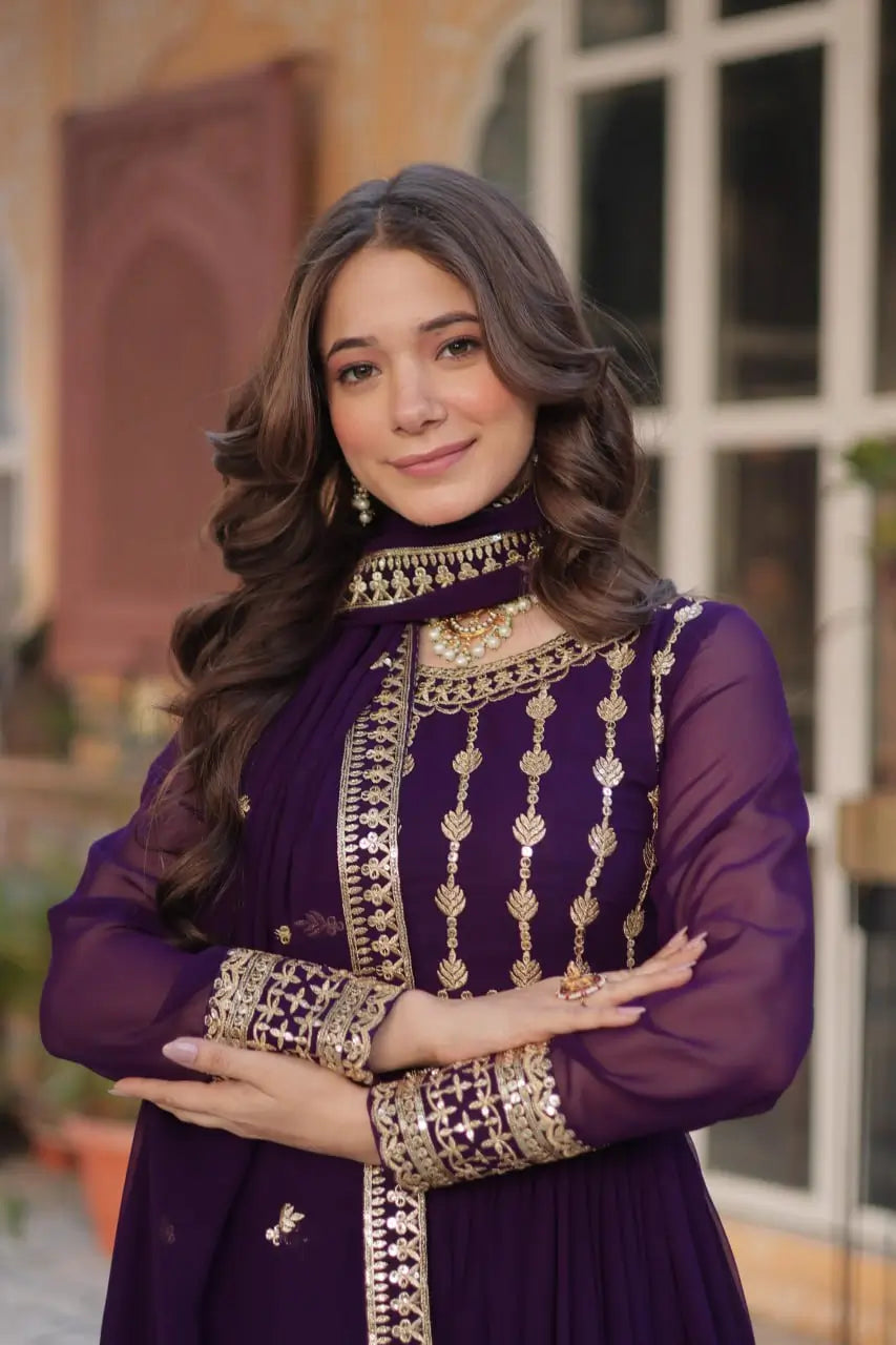 Dark Wine Zari Sequins Embroidery Work Gown And Dupatta - qivii