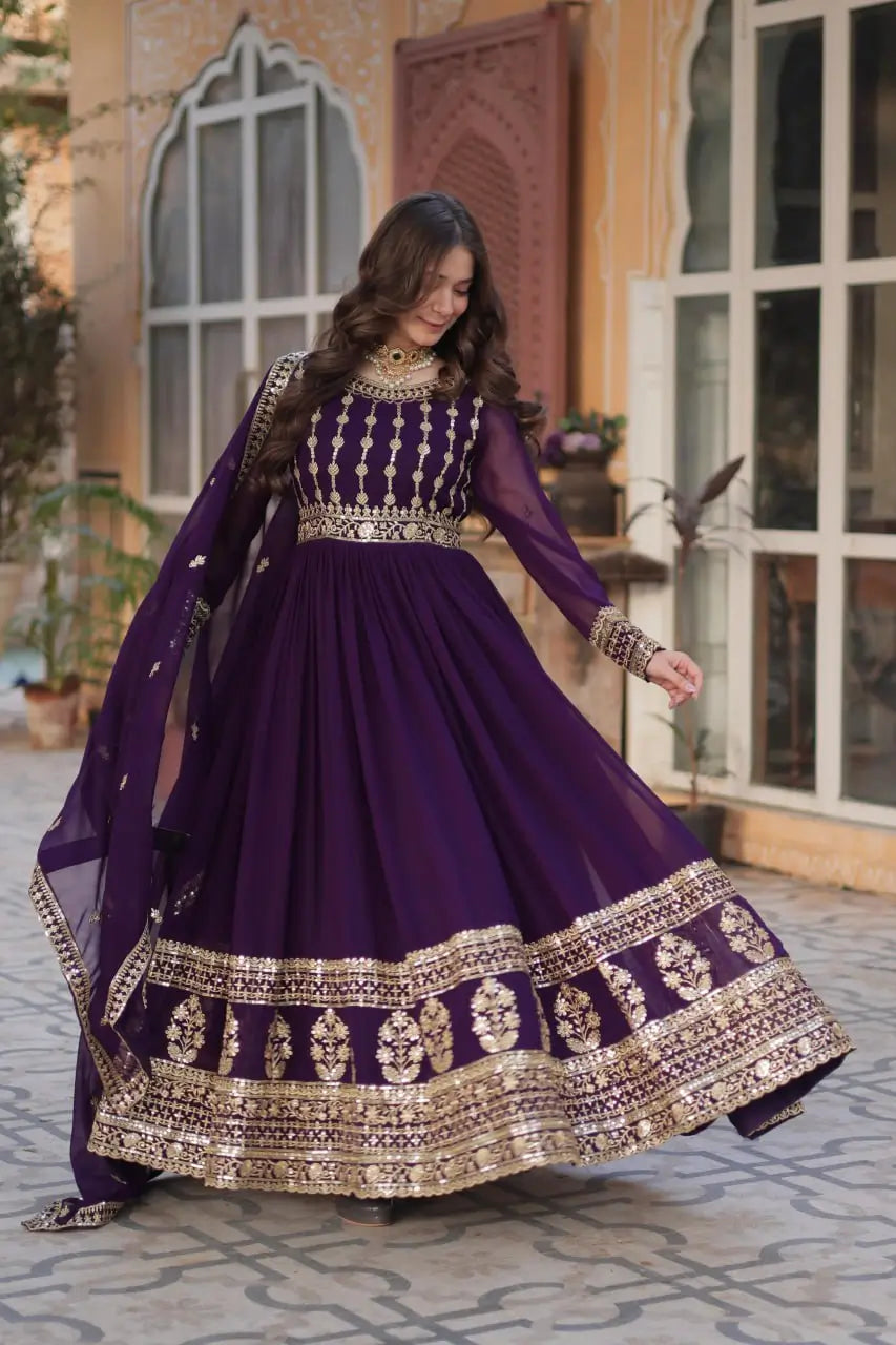 Dark Wine Zari Sequins Embroidery Work Gown And Dupatta - qivii