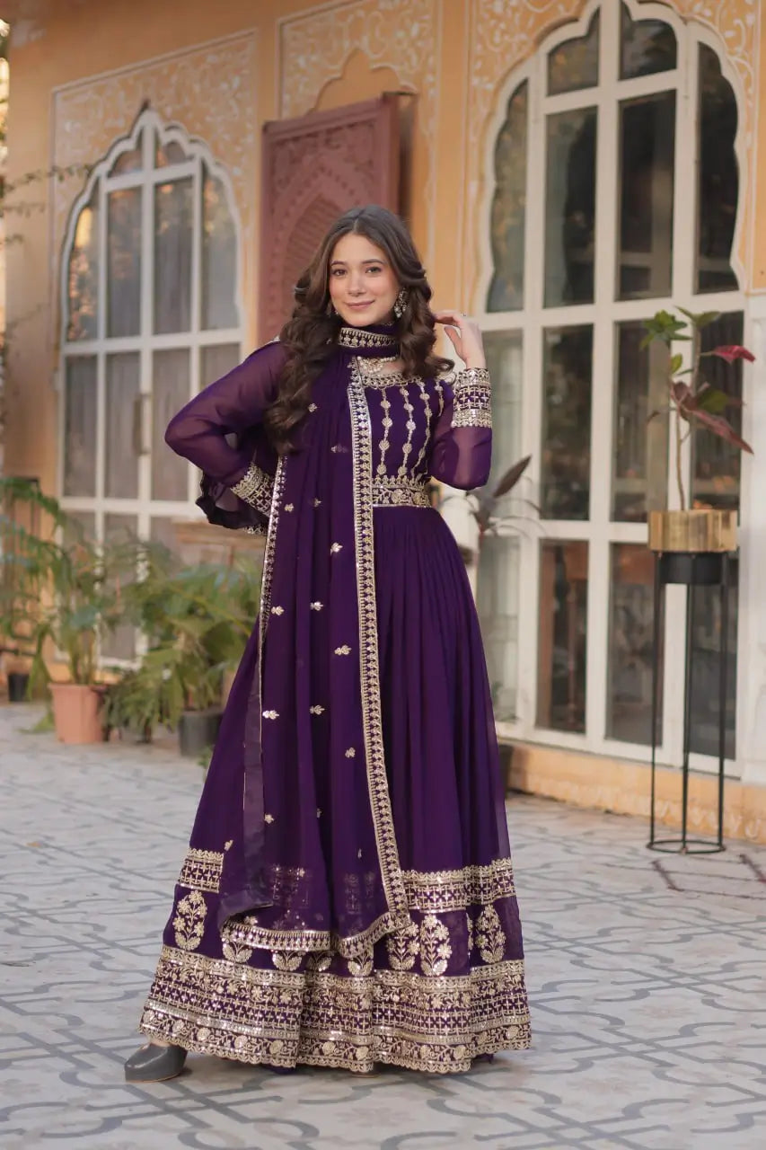 Dark Wine Zari Sequins Embroidery Work Gown And Dupatta - qivii