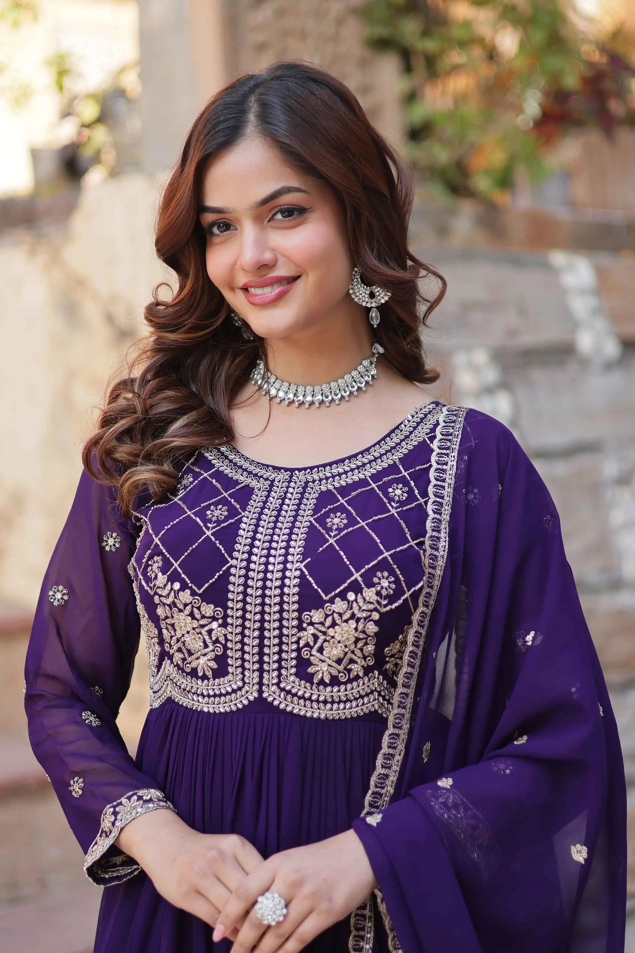 Purple Beads And Sequins Embroidery Work Gown With Dupatta - qivii