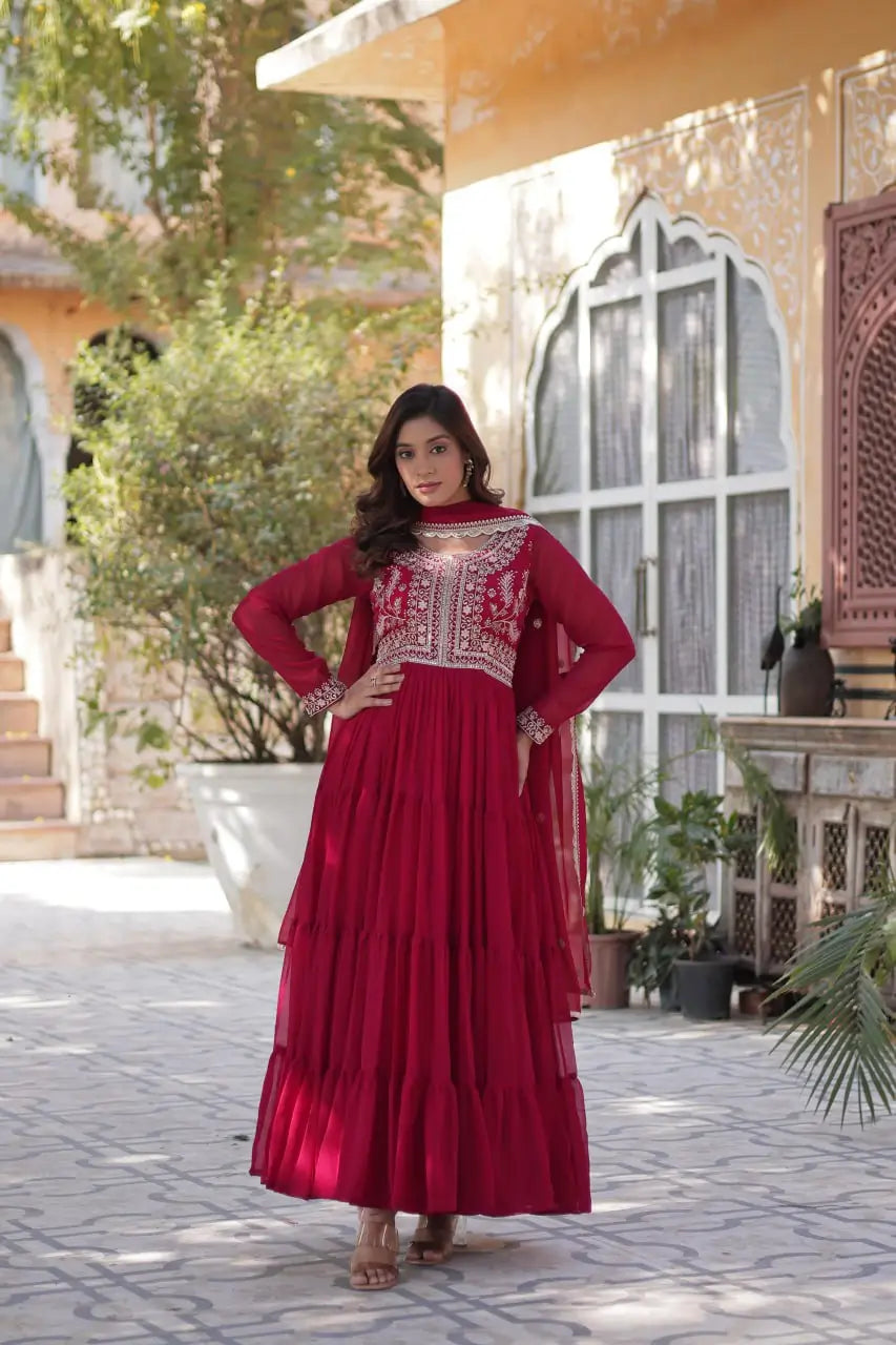 Red Devil Georgette Attractive Embroidery Pearl Work Gown With Dupatta - qivii