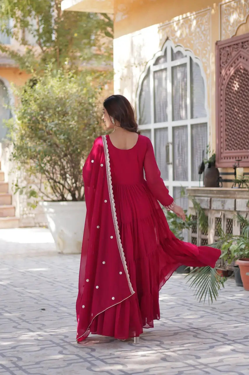 Red Devil Georgette Attractive Embroidery Pearl Work Gown With Dupatta - qivii