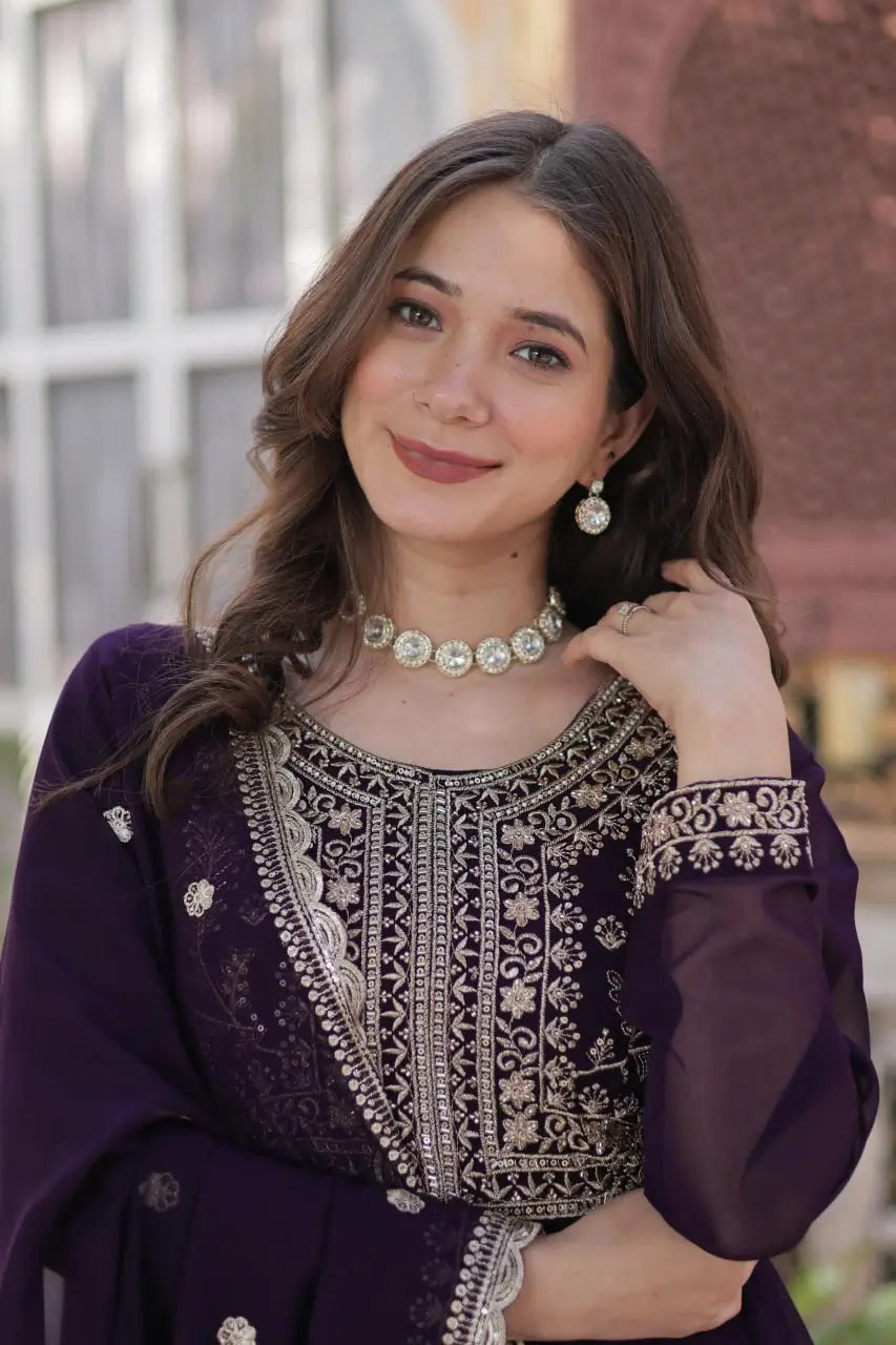 Magenta Purple Georgette Attractive Embroidery Pearl Work Gown With Dupatta - qivii