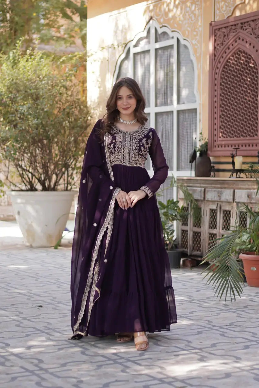 Magenta Purple Georgette Attractive Embroidery Pearl Work Gown With Dupatta - qivii