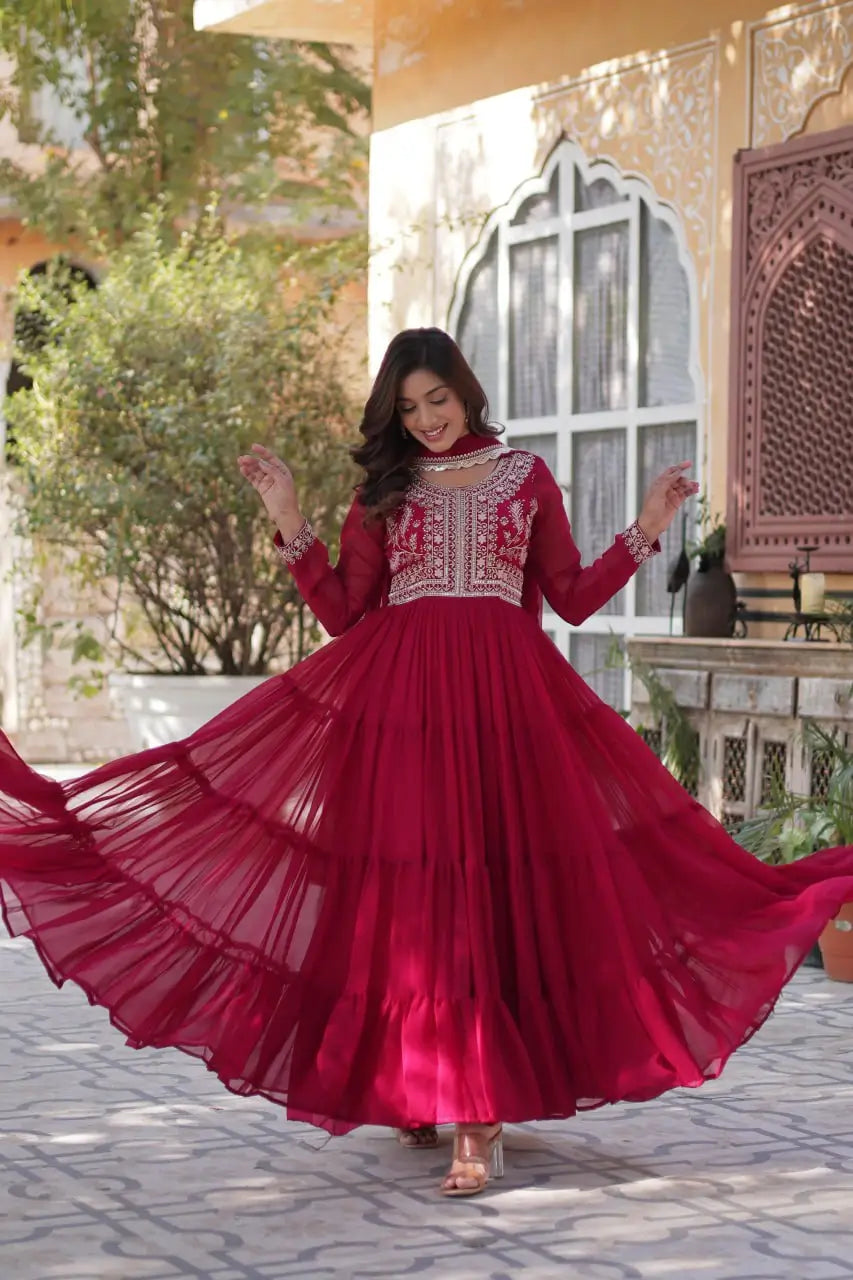 Red Devil Georgette Attractive Embroidery Pearl Work Gown With Dupatta - qivii