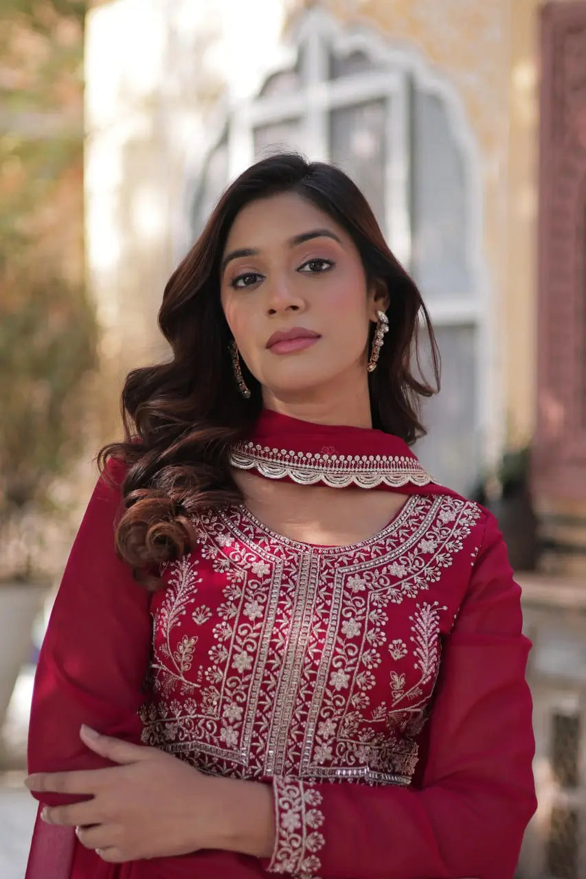 Red Devil Georgette Attractive Embroidery Pearl Work Gown With Dupatta - qivii