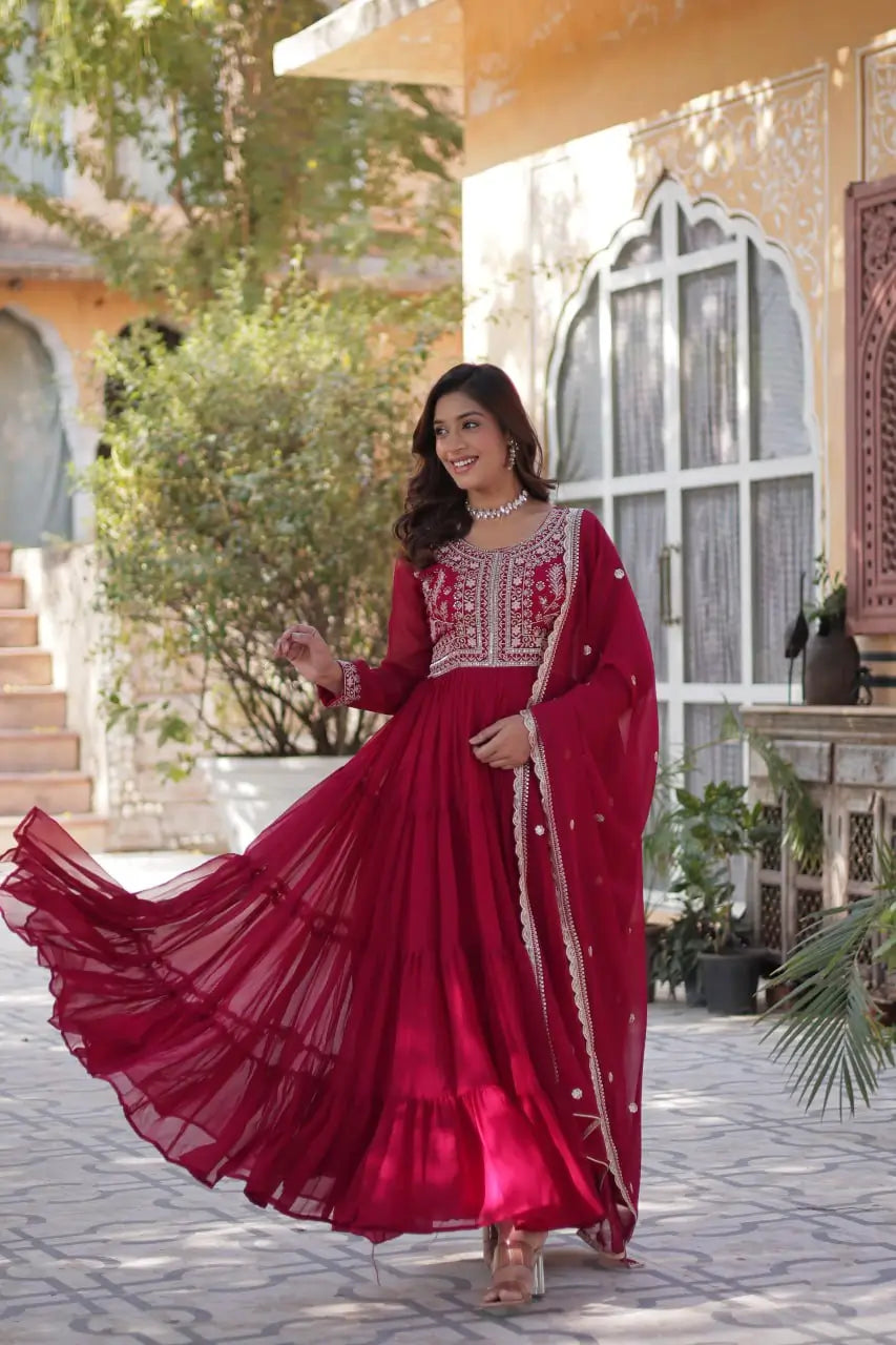 Red Devil Georgette Attractive Embroidery Pearl Work Gown With Dupatta - qivii