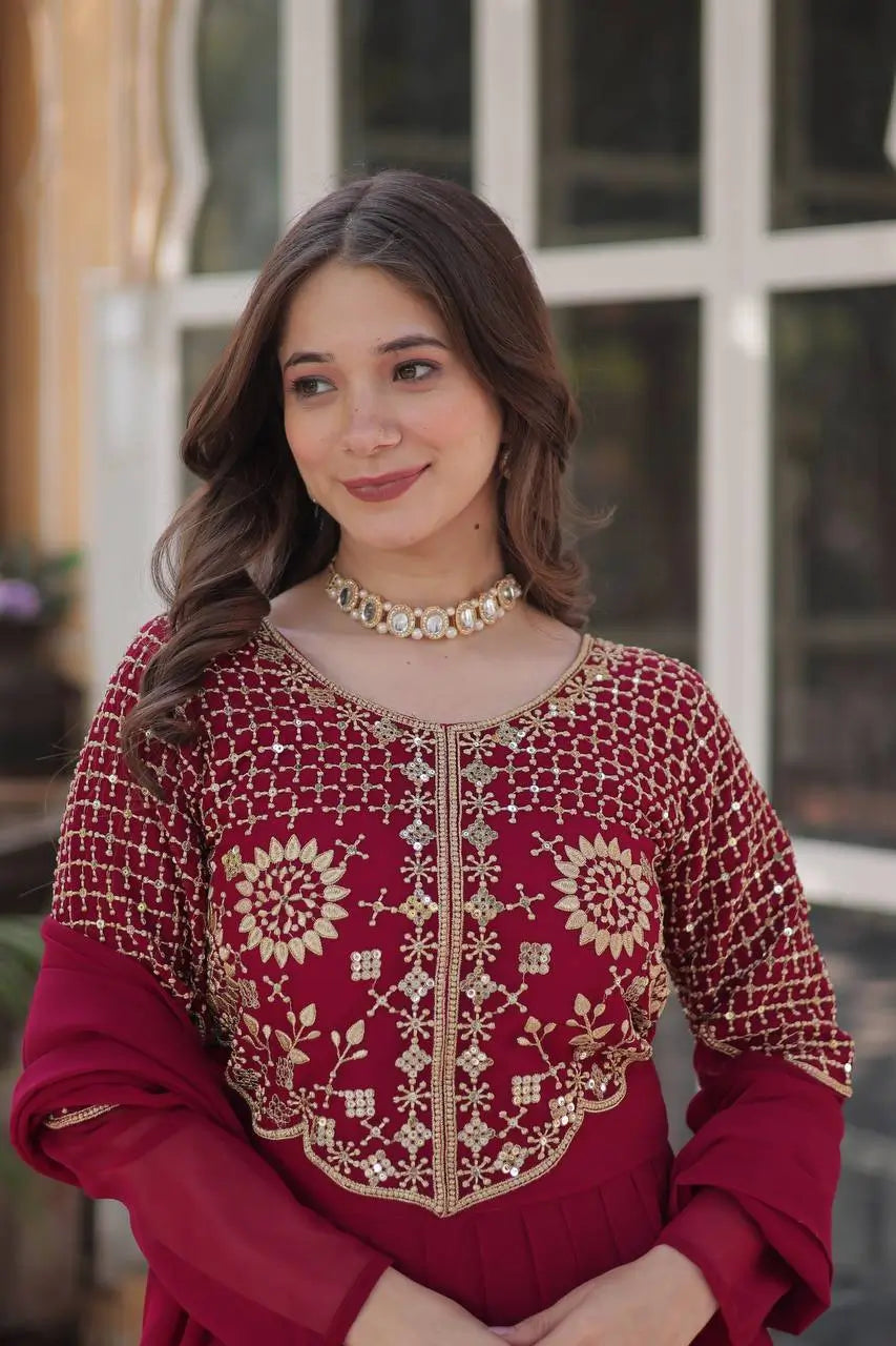 Maroon Red Attractive Sequins Embroidery Work Gown And Dupatta - qivii
