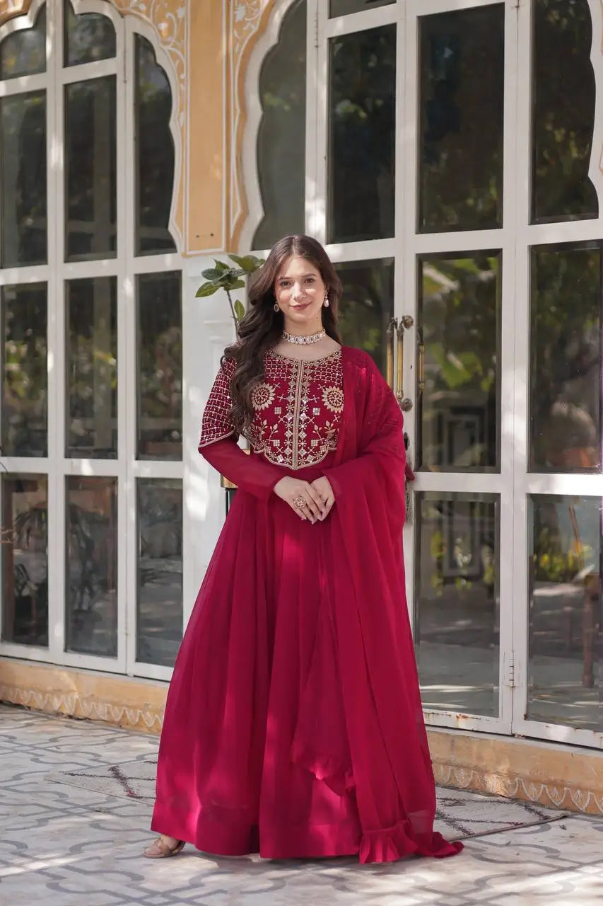 Maroon Red Attractive Sequins Embroidery Work Gown And Dupatta - qivii