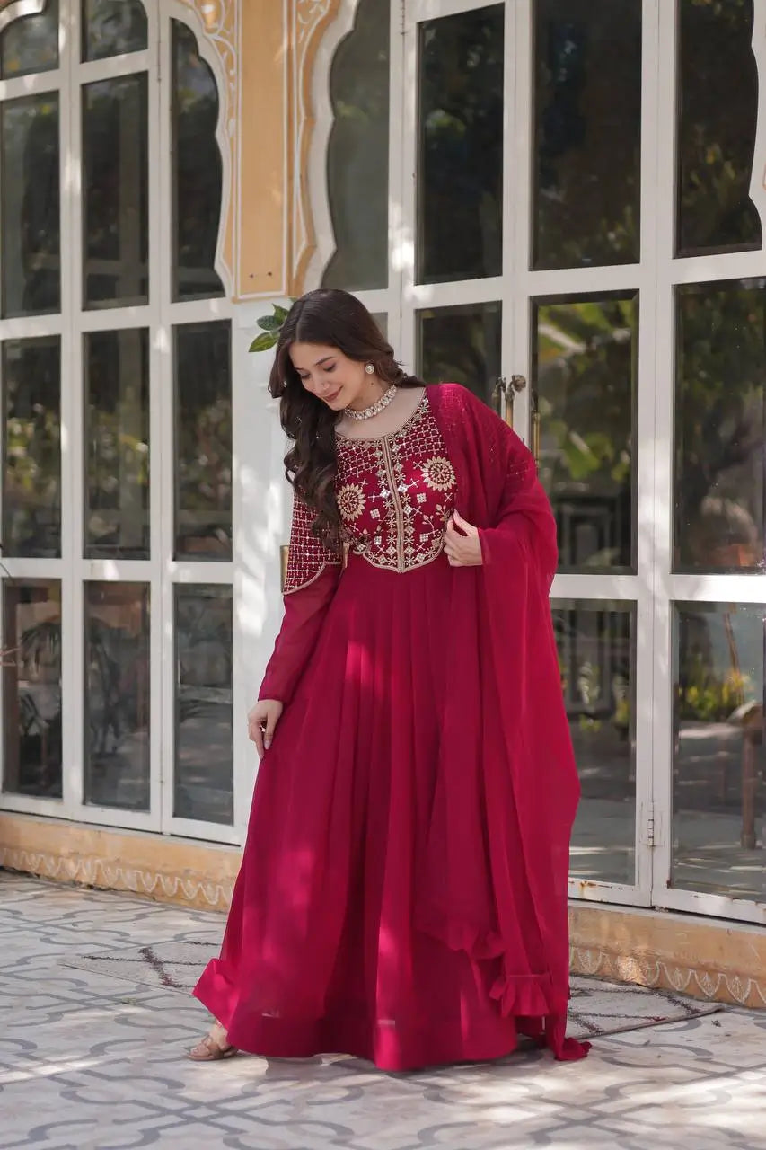 Maroon Red Attractive Sequins Embroidery Work Gown And Dupatta - qivii