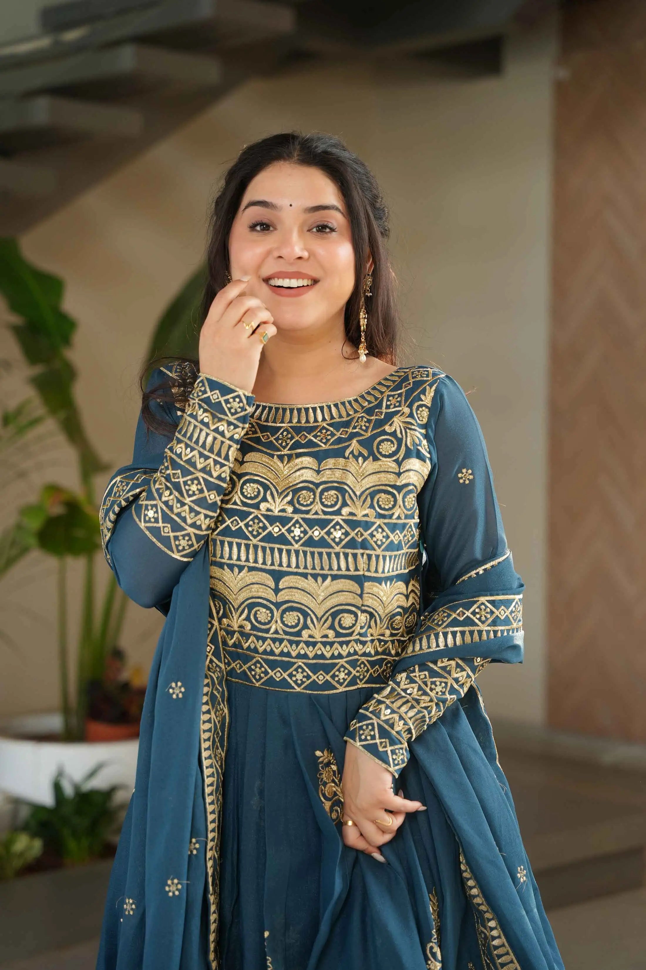 Teal Blue Gown With Zari Sequins Embroidery And Dupatta - qivii