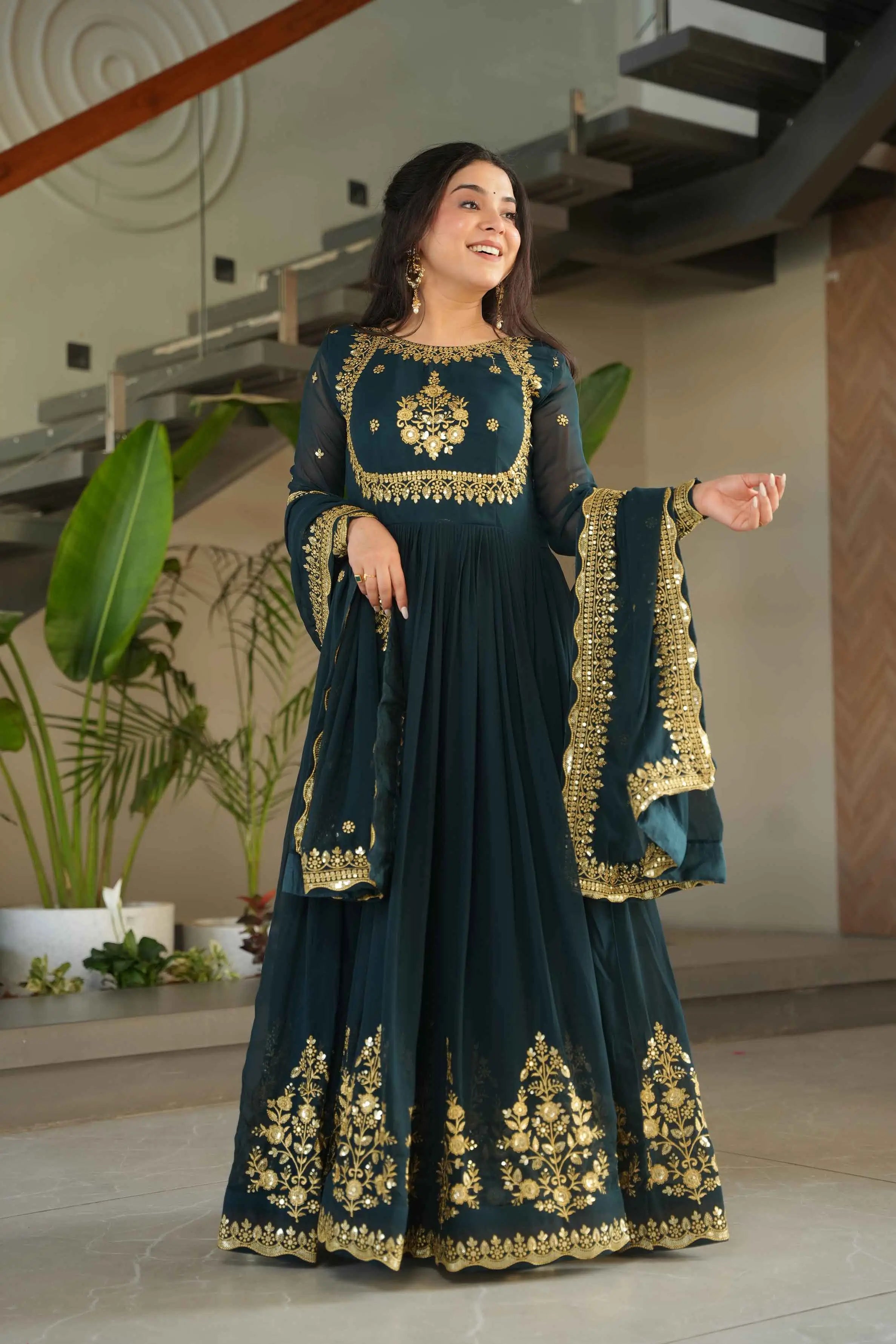 Designer Rama Zari Sequins Embroidery Work Georgette Gown With Dupatta