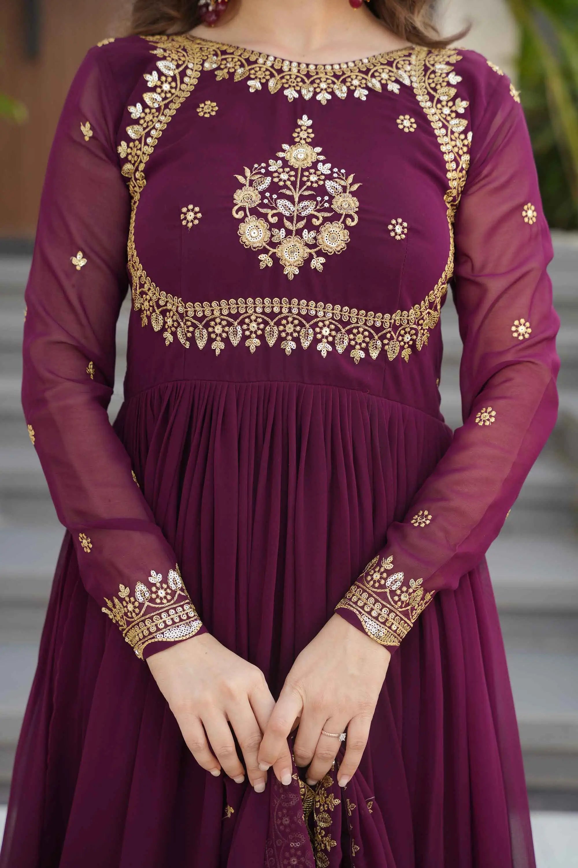 Designer Wine Zari Sequins Embroidery Work Georgette Gown With Dupatta