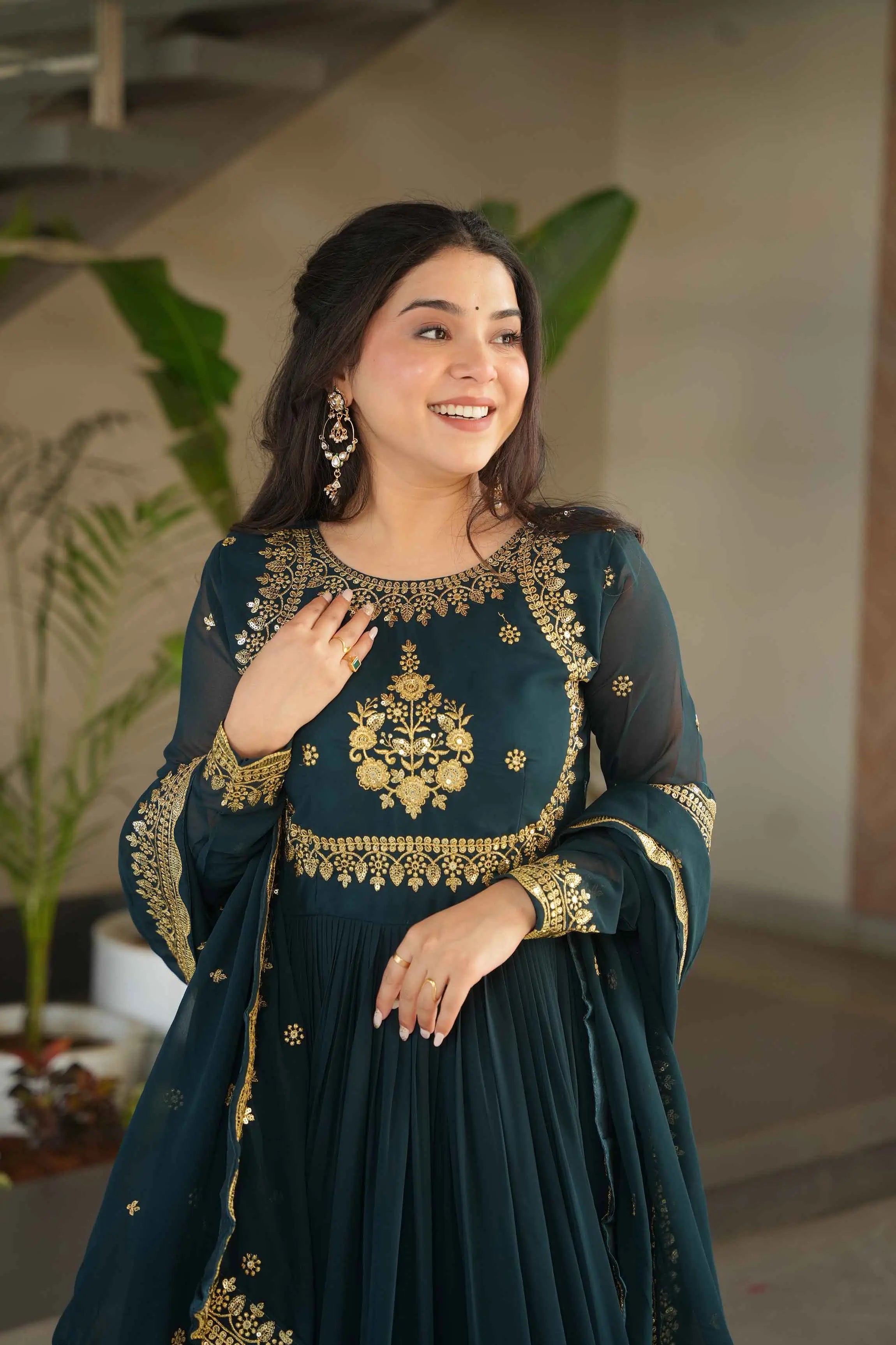 Designer Rama Zari Sequins Embroidery Work Georgette Gown With Dupatta