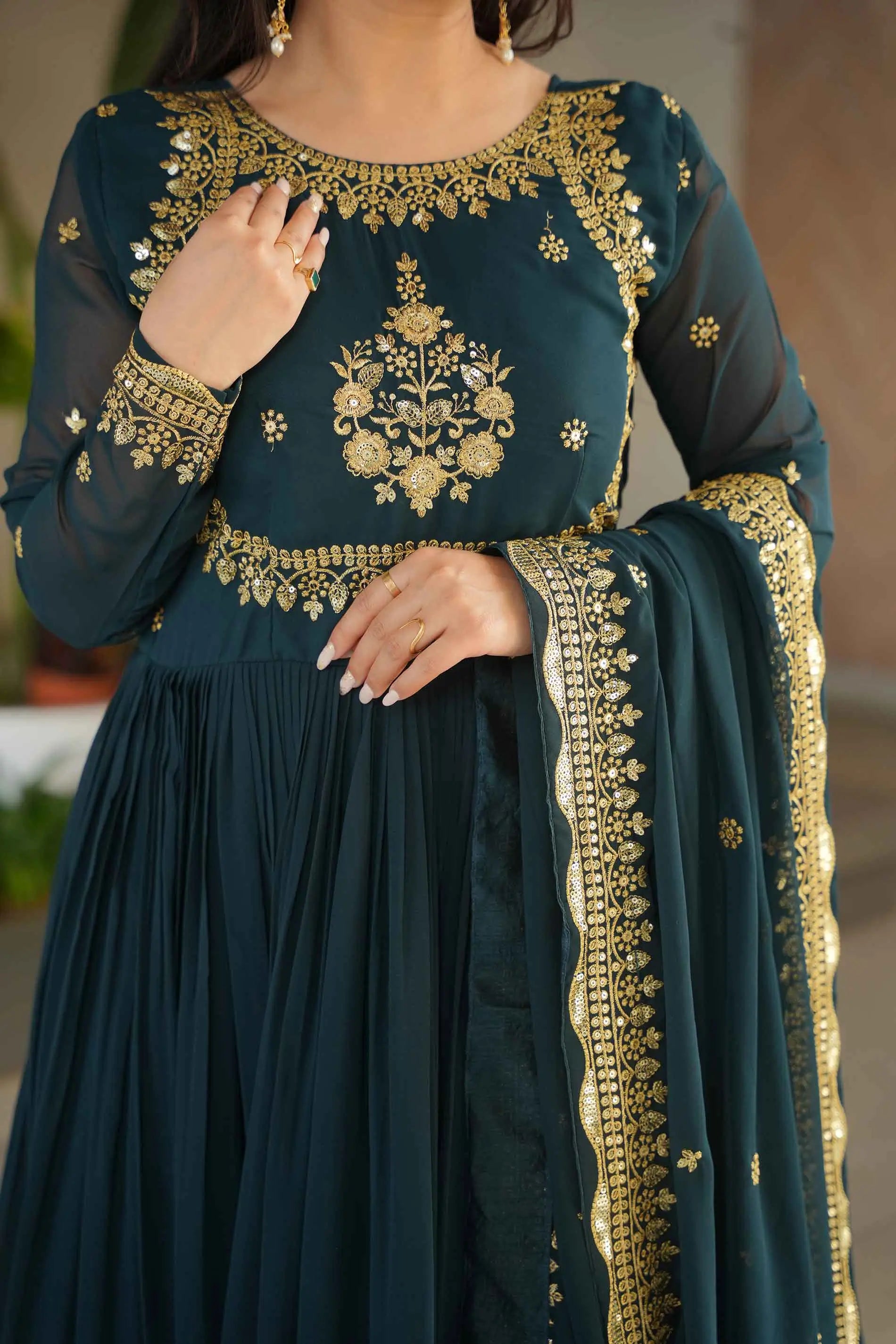Designer Rama Zari Sequins Embroidery Work Georgette Gown With Dupatta