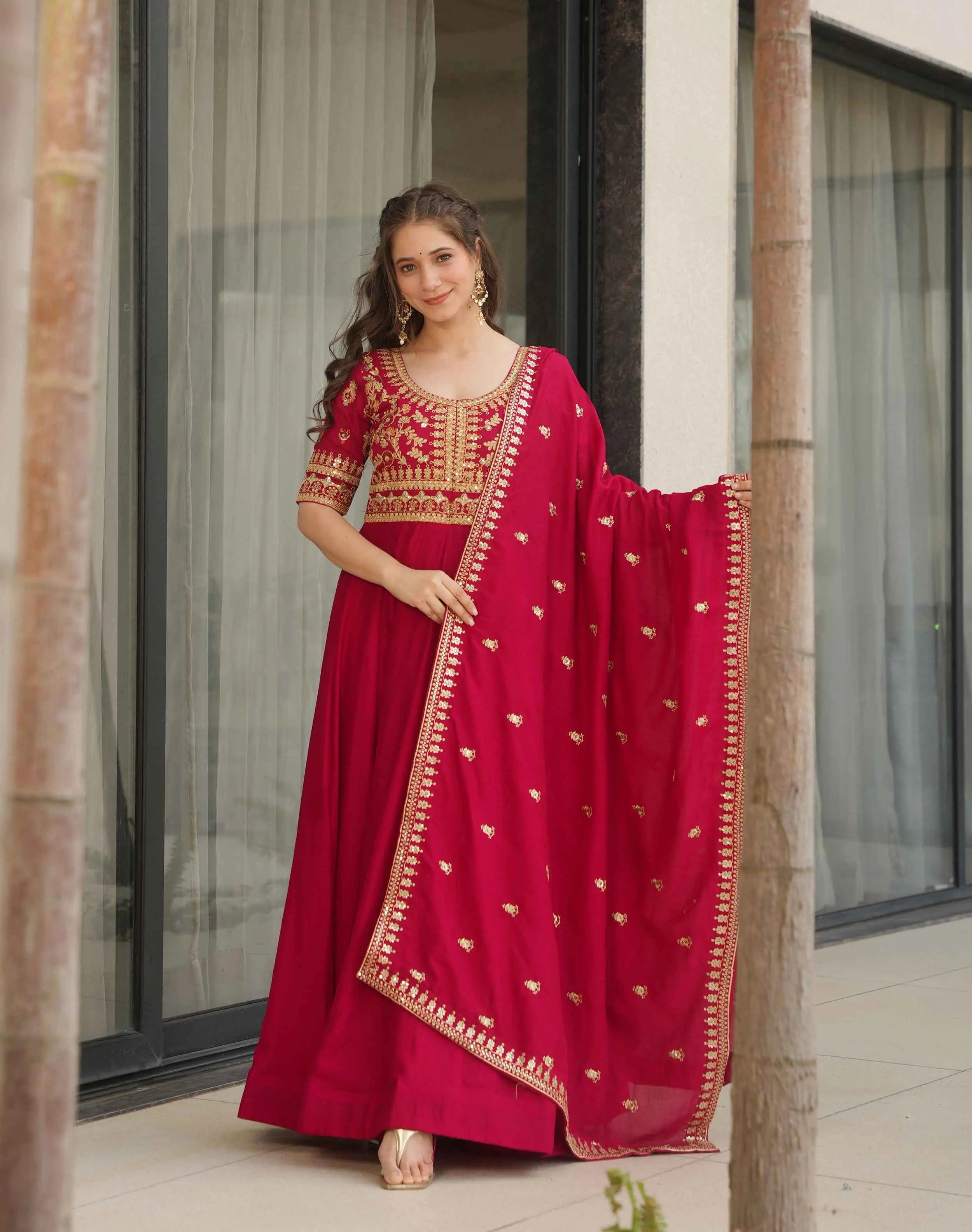 Red Silk Gown With Zari Sequins Embroidery Work And Dupatta - qivii