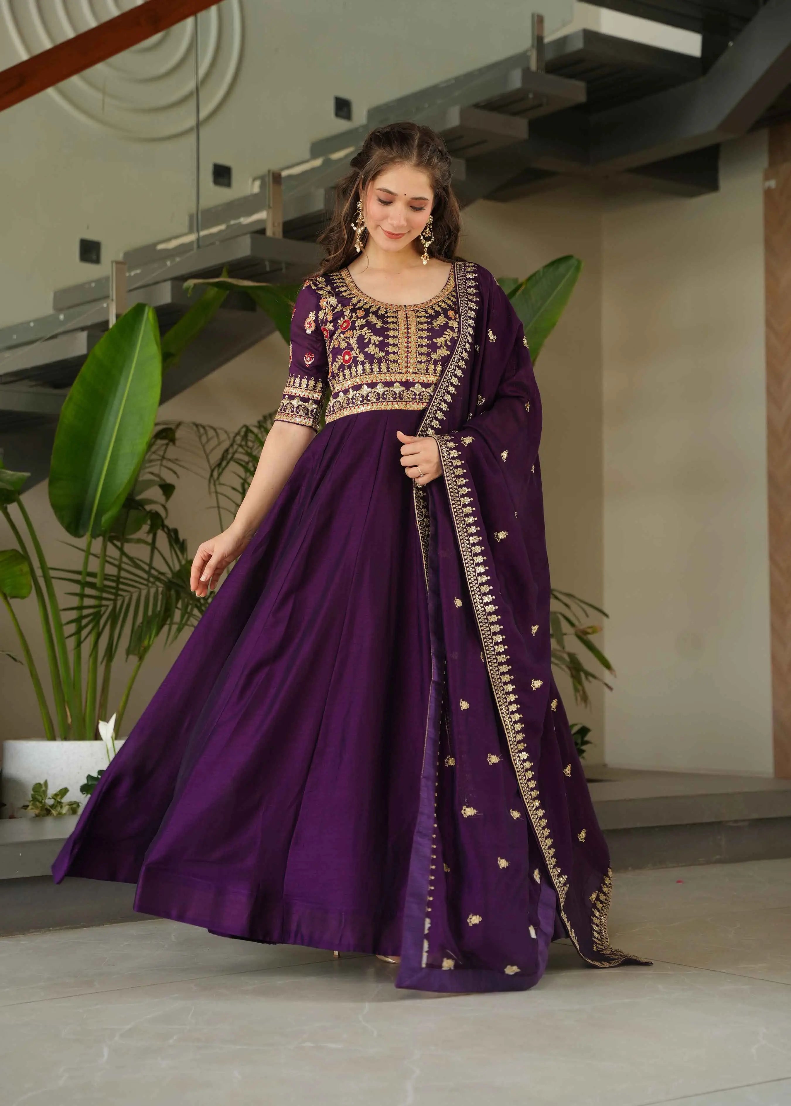 Purple Silk Gown With Zari Sequins Embroidery Work And Dupatta - qivii