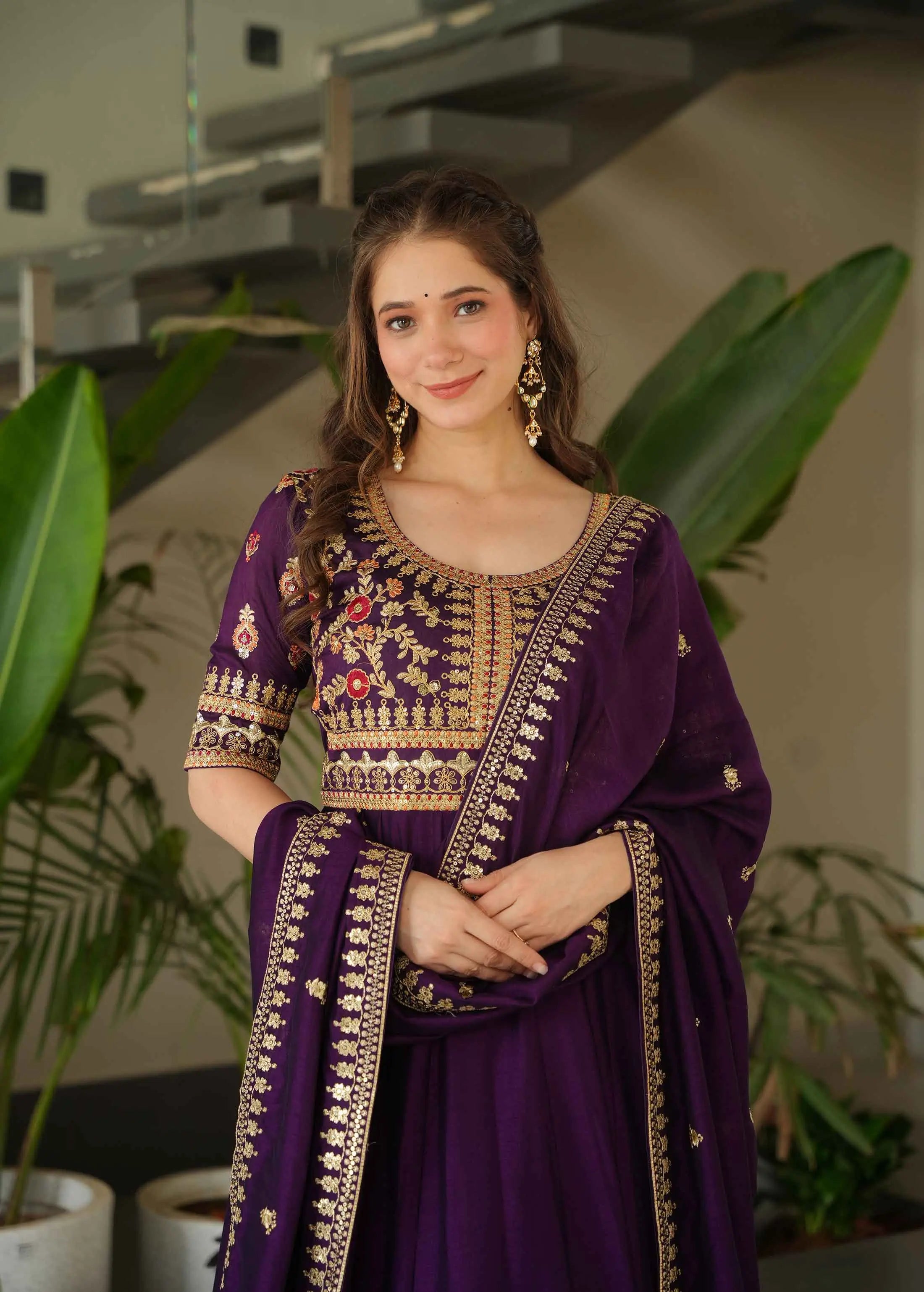 Purple Silk Gown With Zari Sequins Embroidery Work And Dupatta - qivii