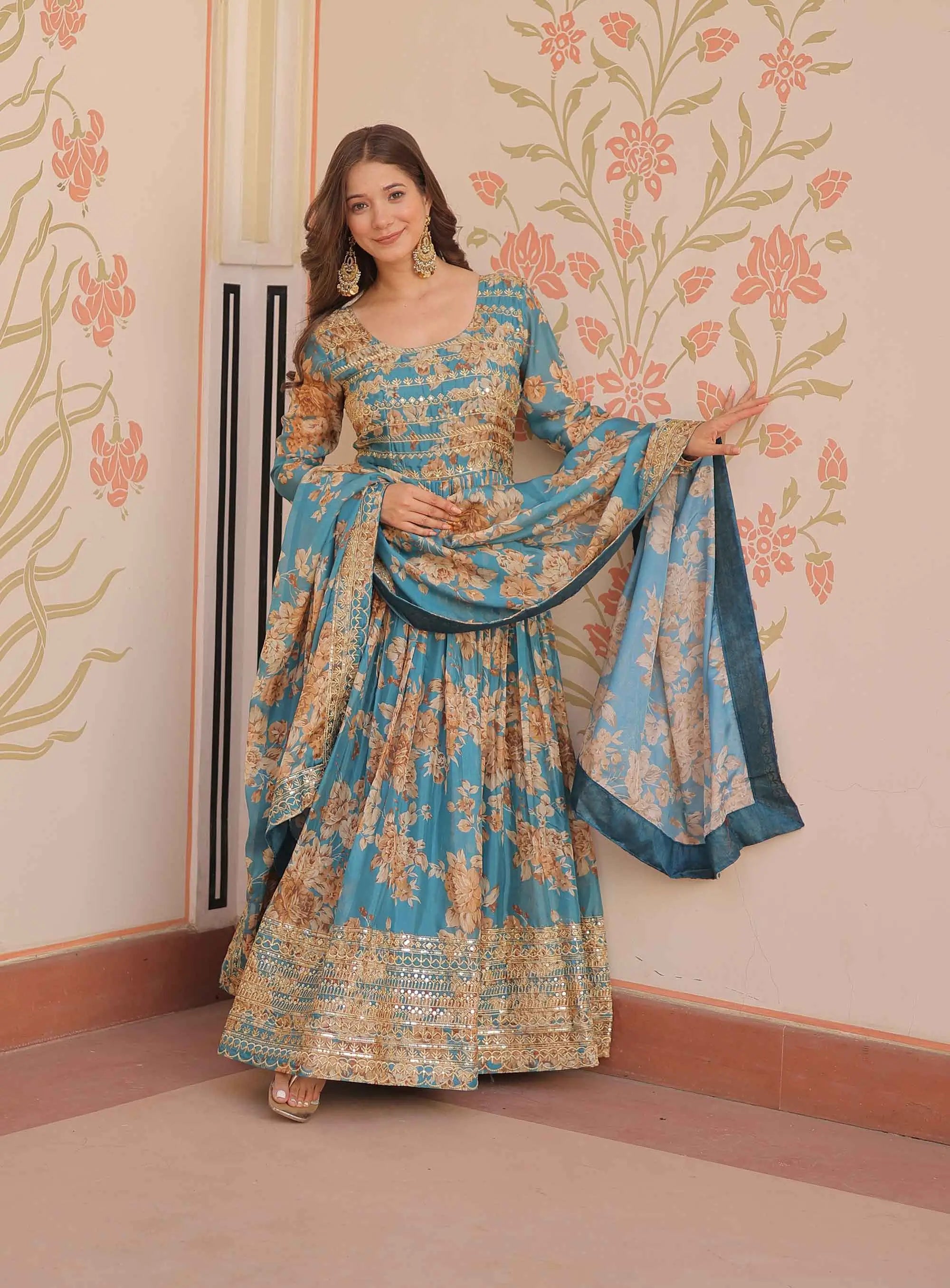 Hippie Blue Floral Print Gown With Embroidery Work And Dupatta - qivii