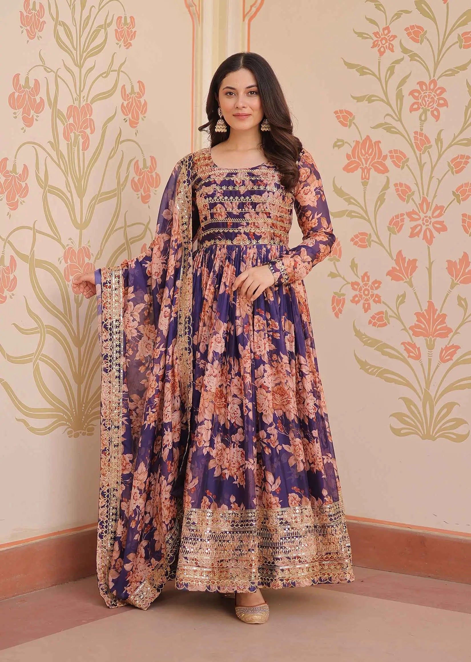 Purple Haze Floral Print Gown With Embroidery Work And Dupatta - qivii