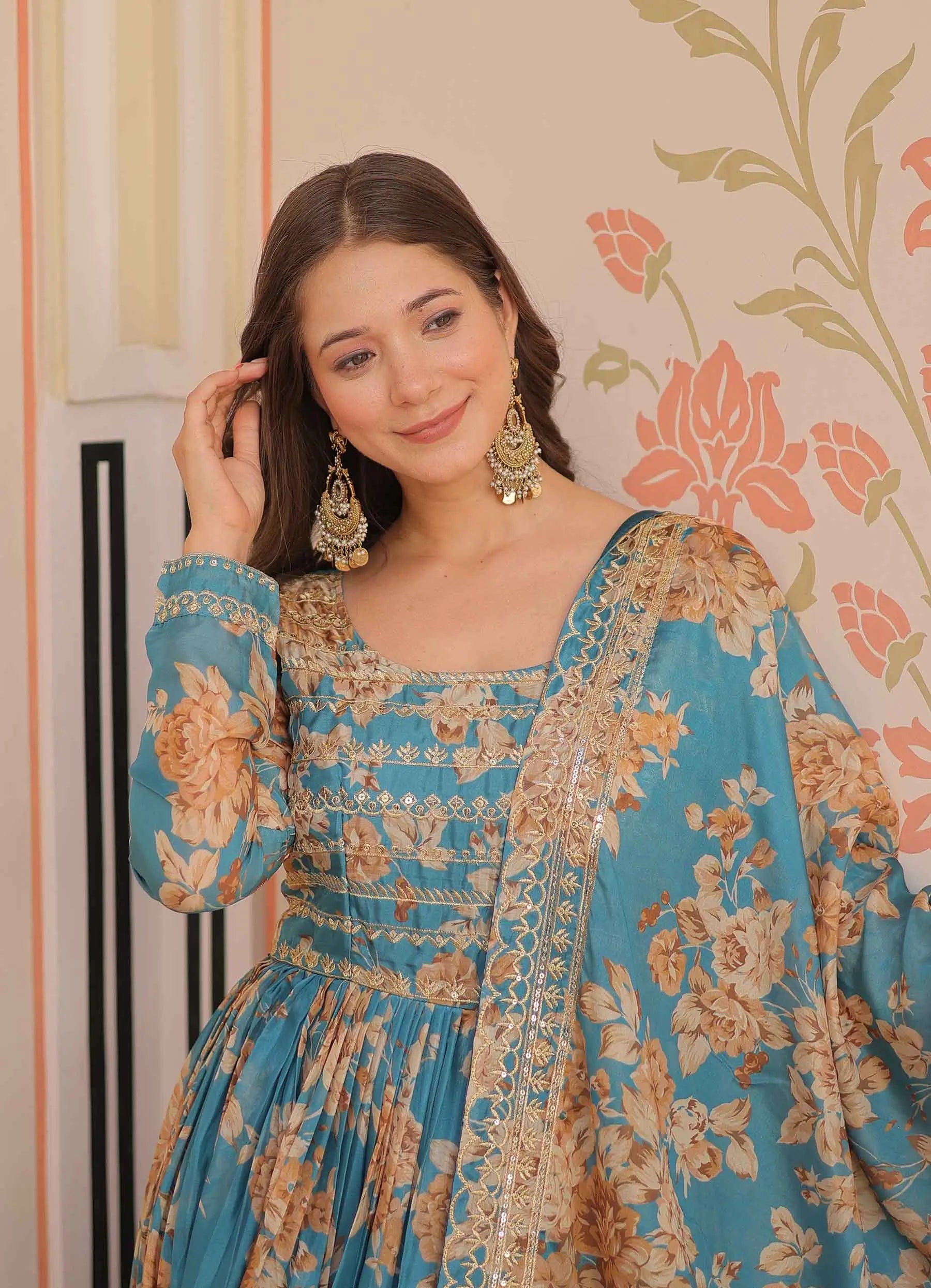 Hippie Blue Floral Print Gown With Embroidery Work And Dupatta - qivii