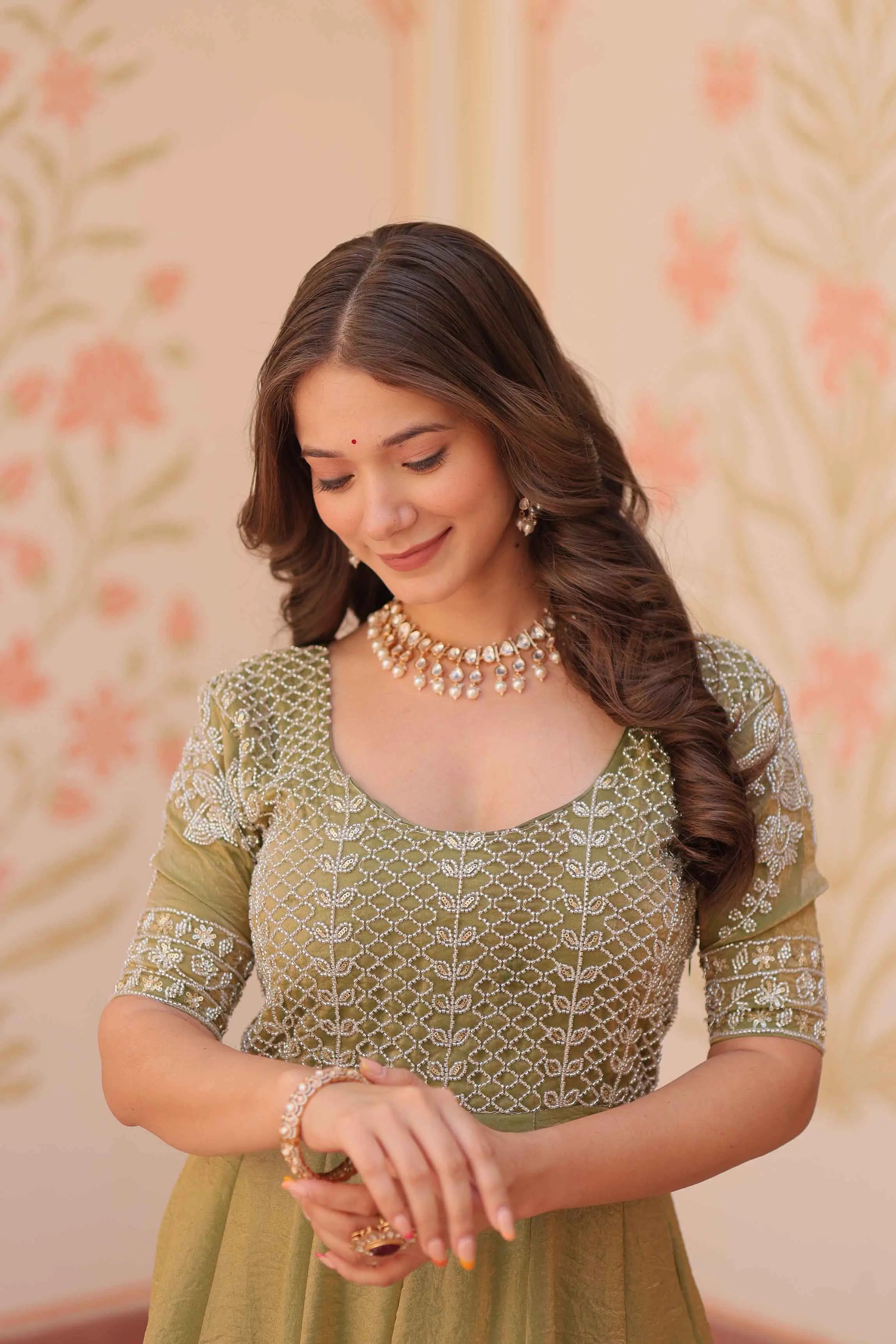 Designer Shiny Light Olive Green Beads Embroidery Work Gown - qivii