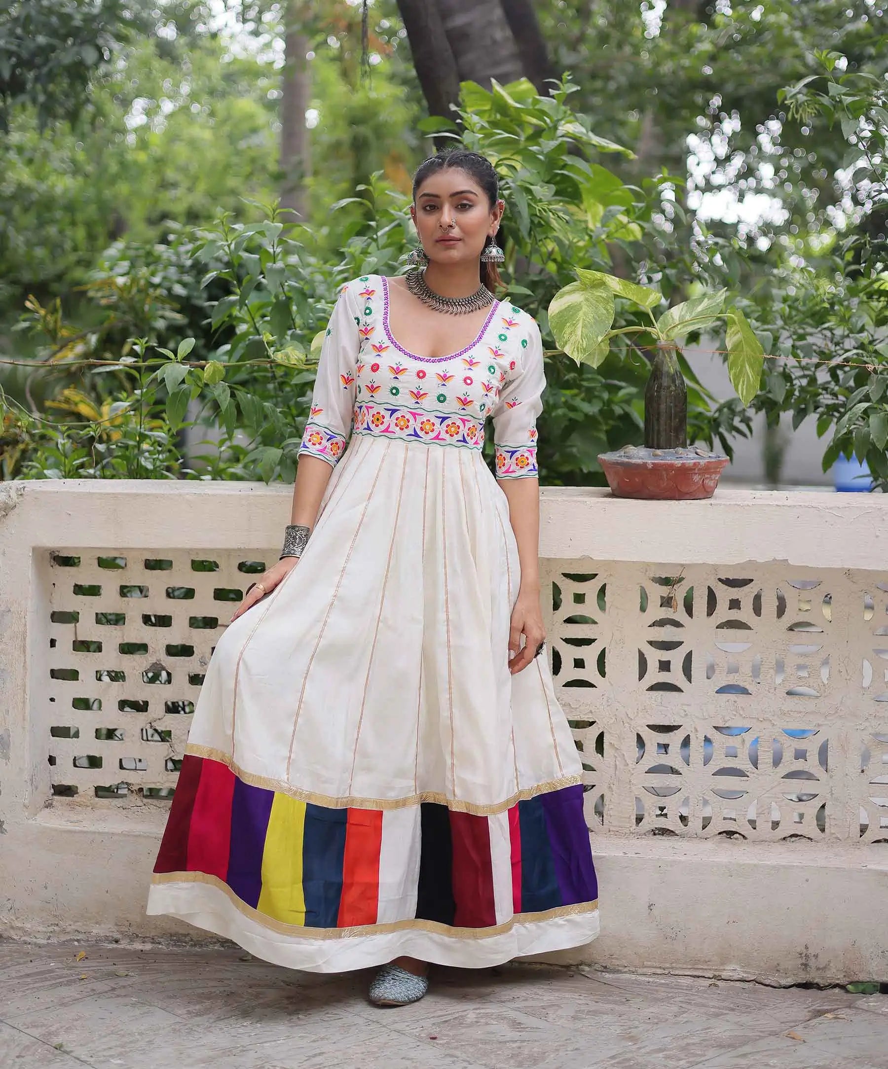 White Navratri Gown Lace Embellished With Multi Thread Work