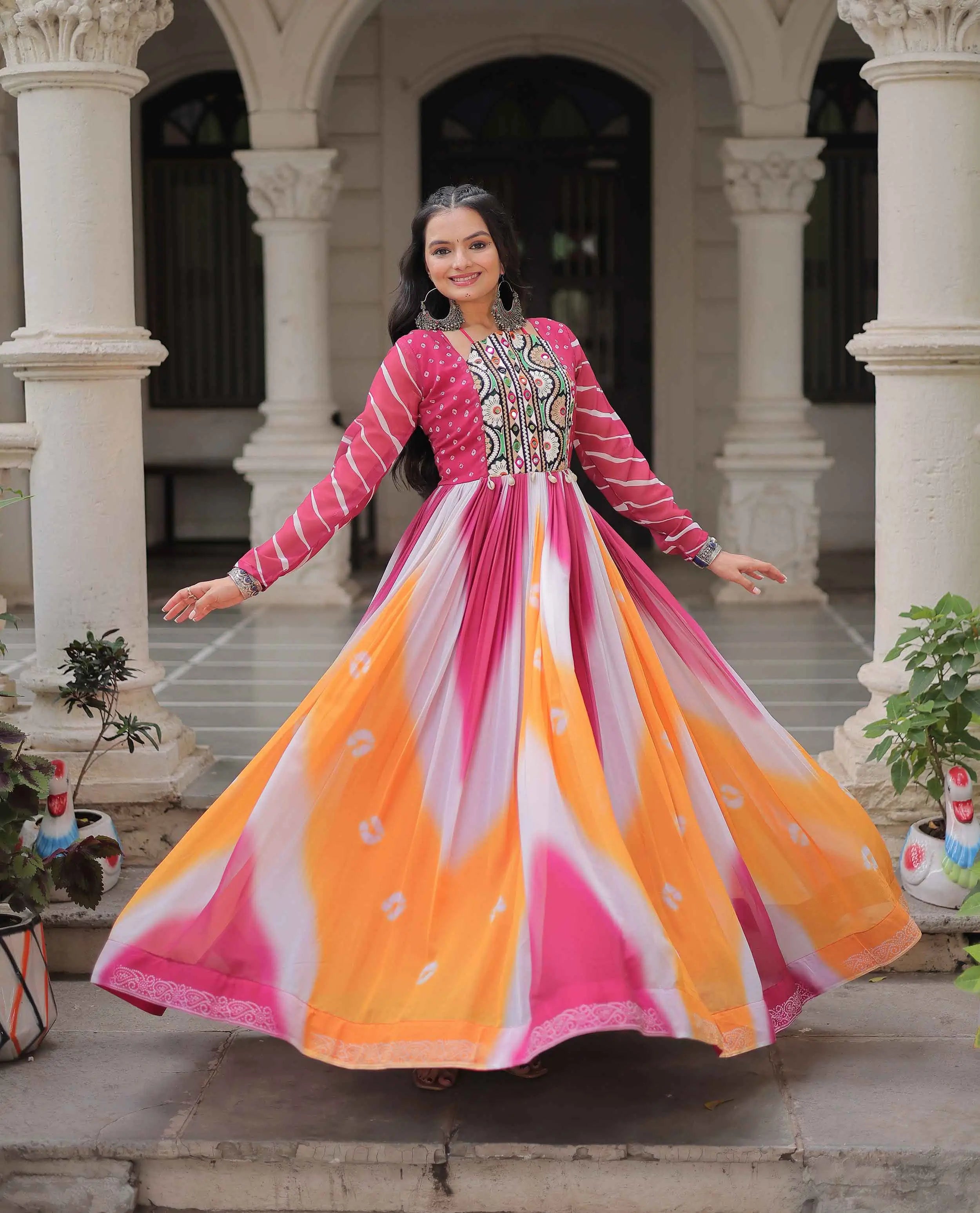 Pink with Multicolor Bandhej & Gamthi Mirror Work Gown