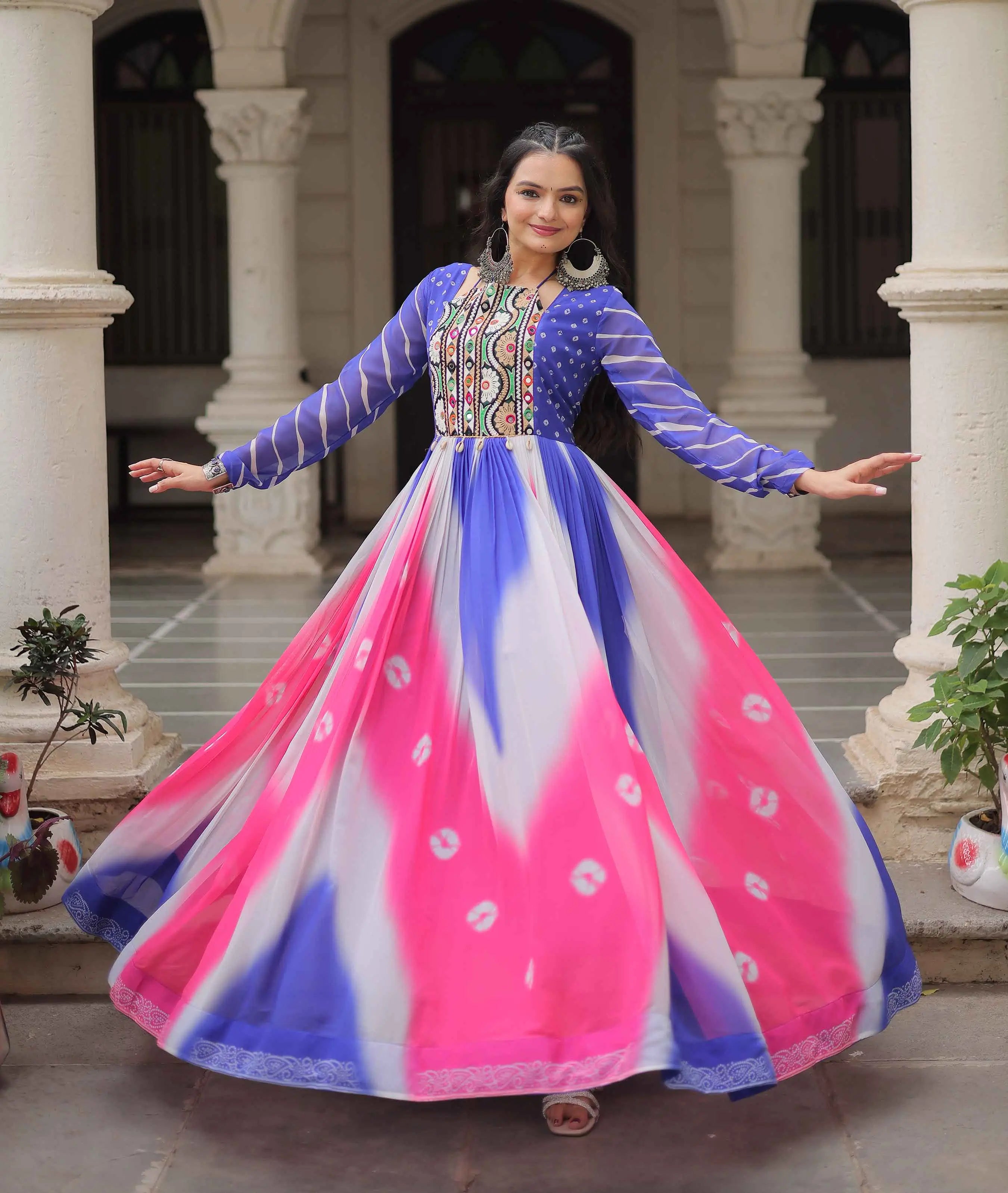 Blue with Multicolor Bandhej & Gamthi Mirror Work Gown